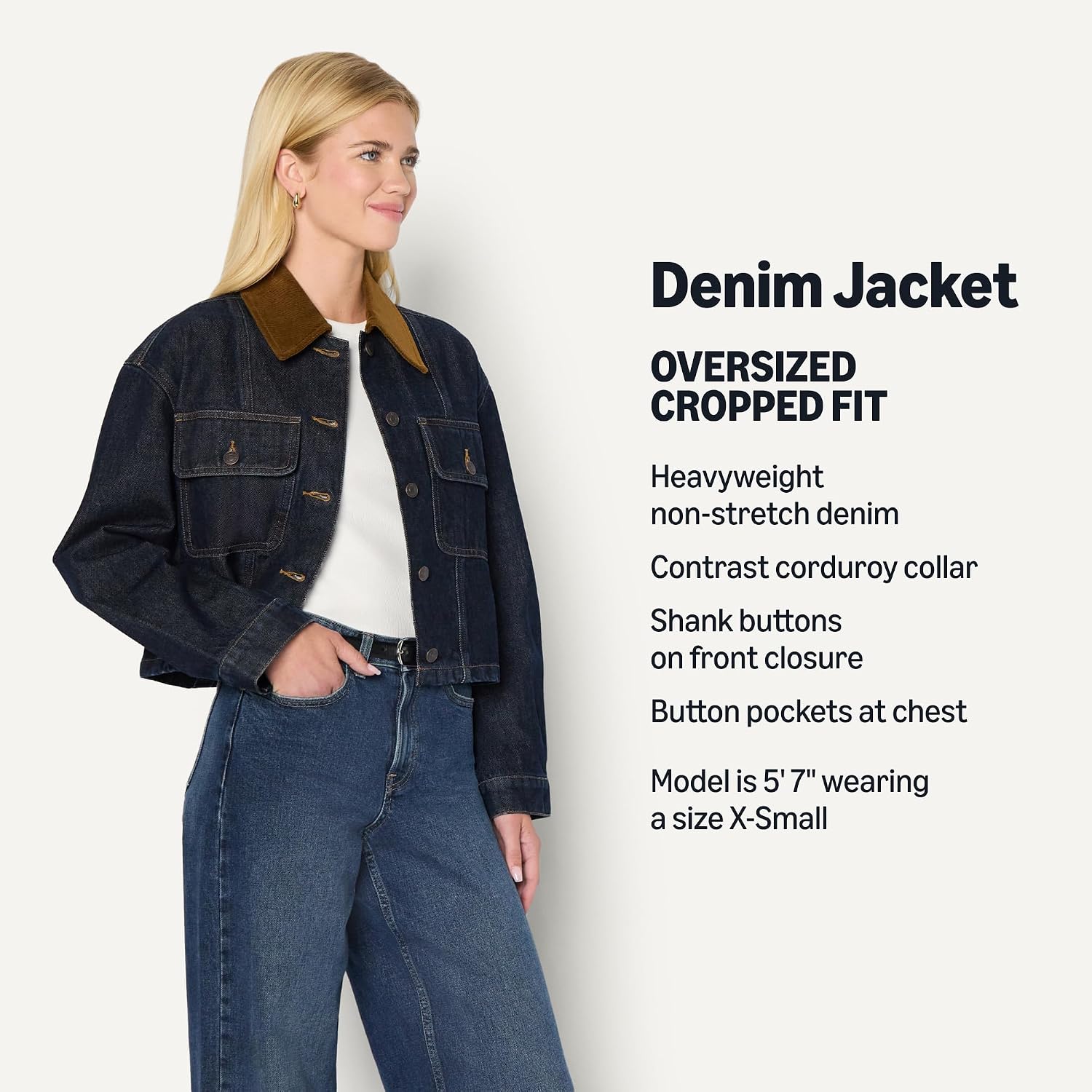 Amazon Essentials Women's Oversized-Fit Cropped Denim Jacket with Contrast Corduroy Collar