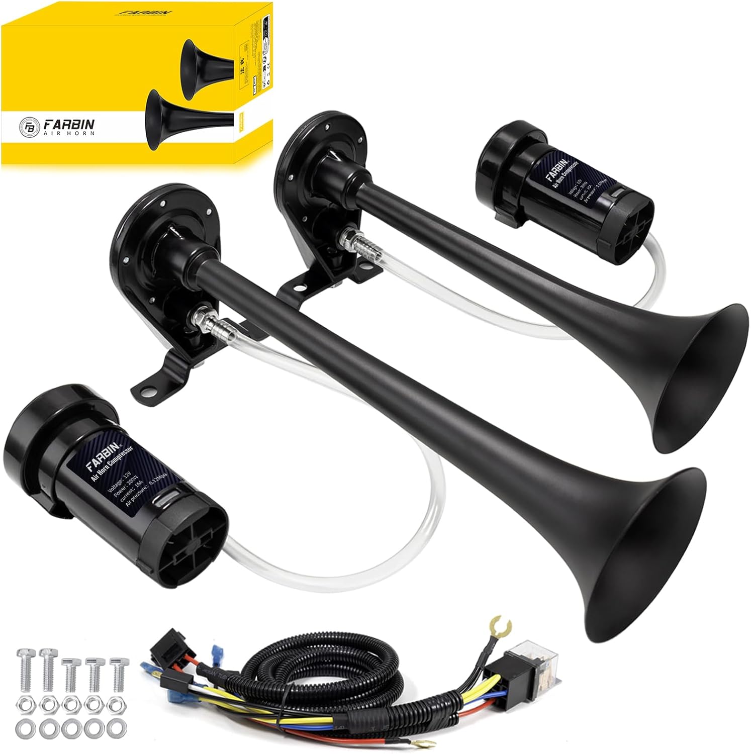 FARBIN Dual Trumpet Air Horn, Train Horn for Truck with 2 Air Compressors 12V 178dB, for Any 12V Pickups SUV Lorrys Trucks Boats (Black)