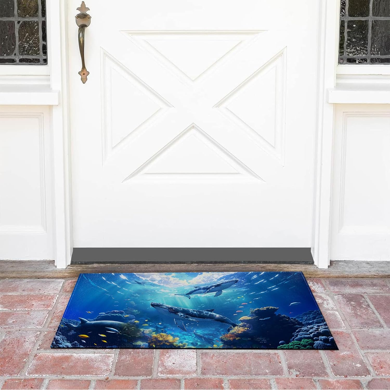 Underwater Ocean Whale Indoor Doormat Non-Slip Welcome Mat 17x29.5 Inch, Quick Absorbent Entryway Rug, Non-Woven Fabrics Front Door Mat, Area Rug for Kitchen, Bedroom, Home, Office