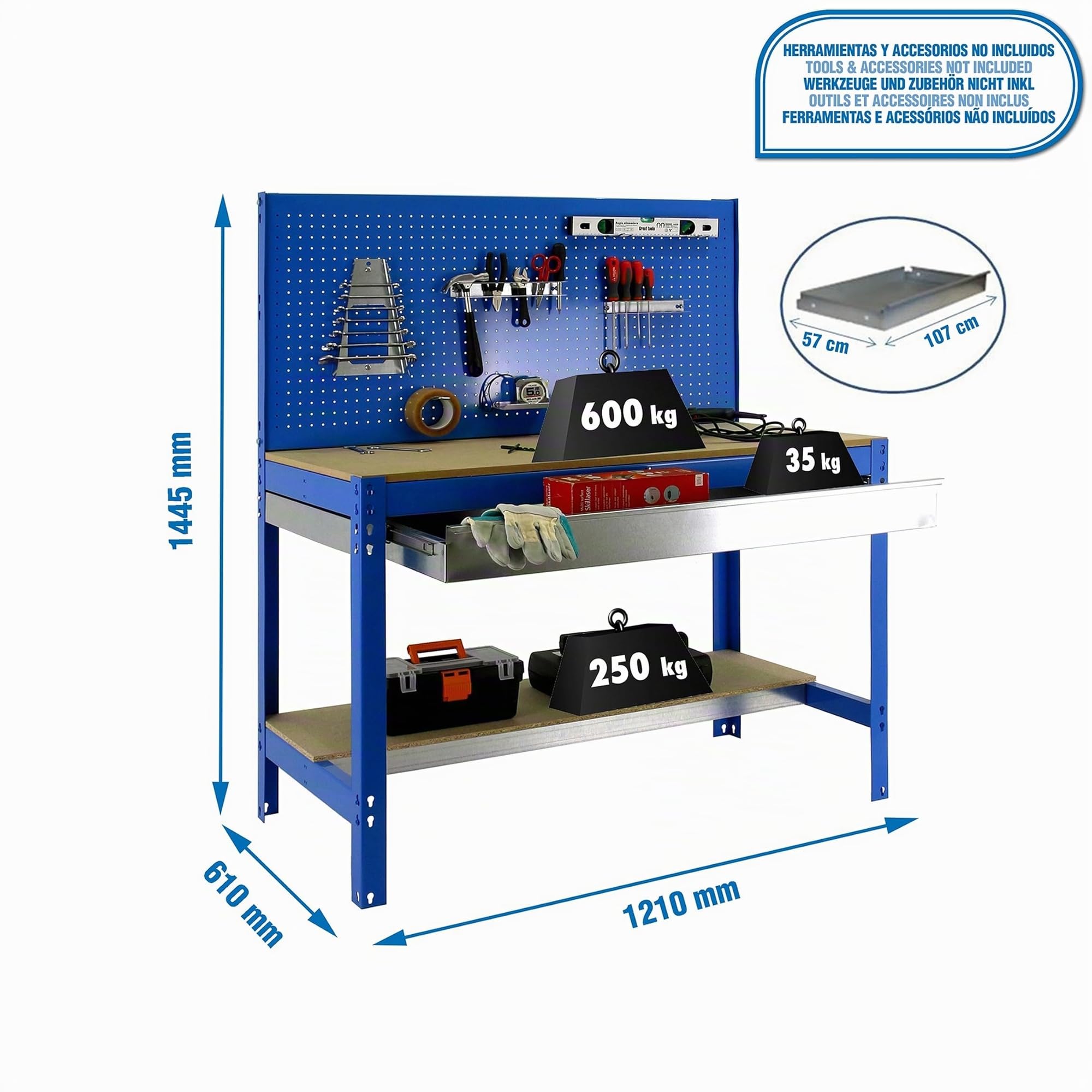 Simon Rack Banco da lavoro per officina, capacità di carico 600 kg, 1445x1210x610 mm, Pannello Forato, Tavolo da lavoro fai da te, Blu/Legno - BT2