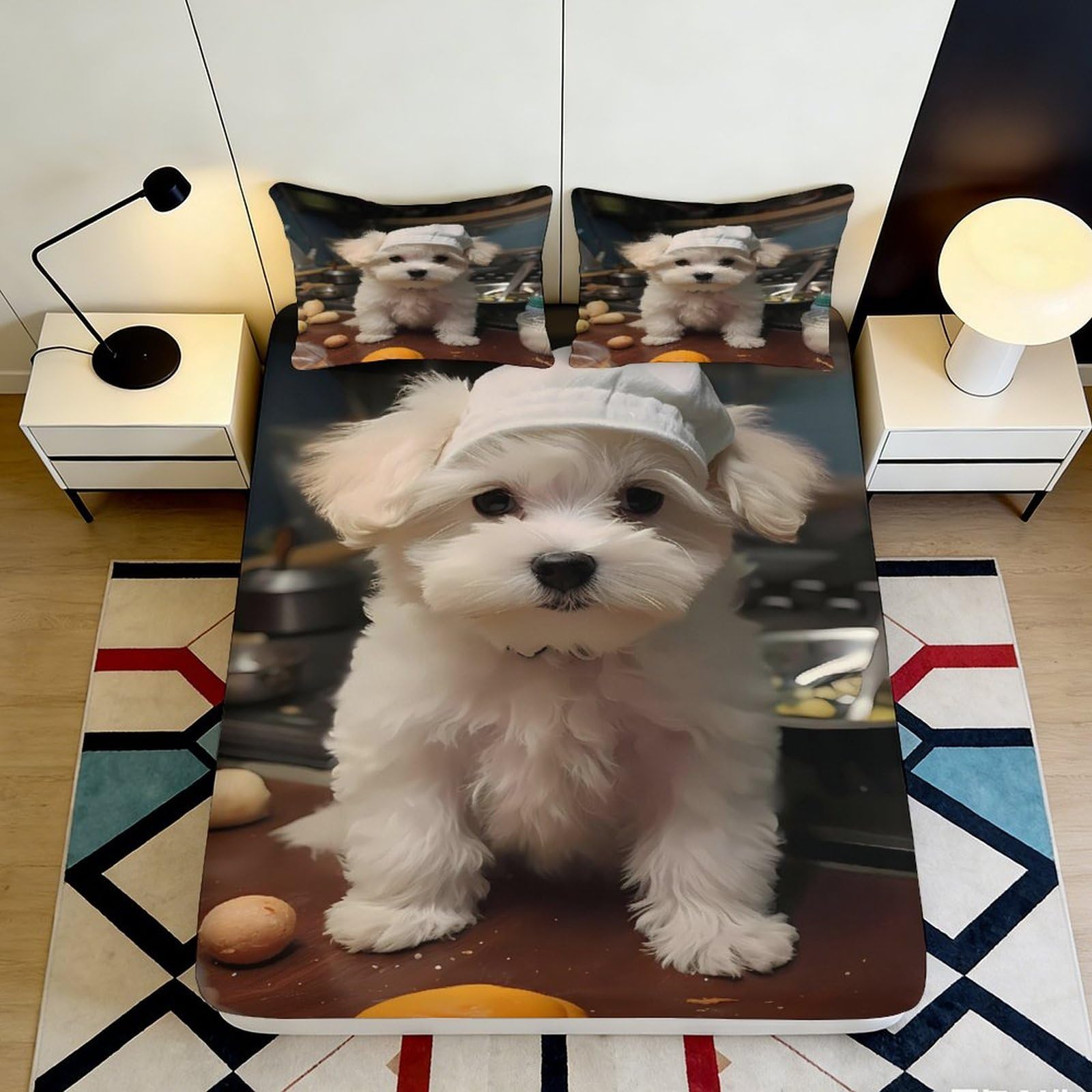 3D Printed Cute Puppy Fitted Sheet Microfiber Soft Non-slip Dog Chef Bed Cover for Bedroom Dorm Easy Care 180x200x25cm