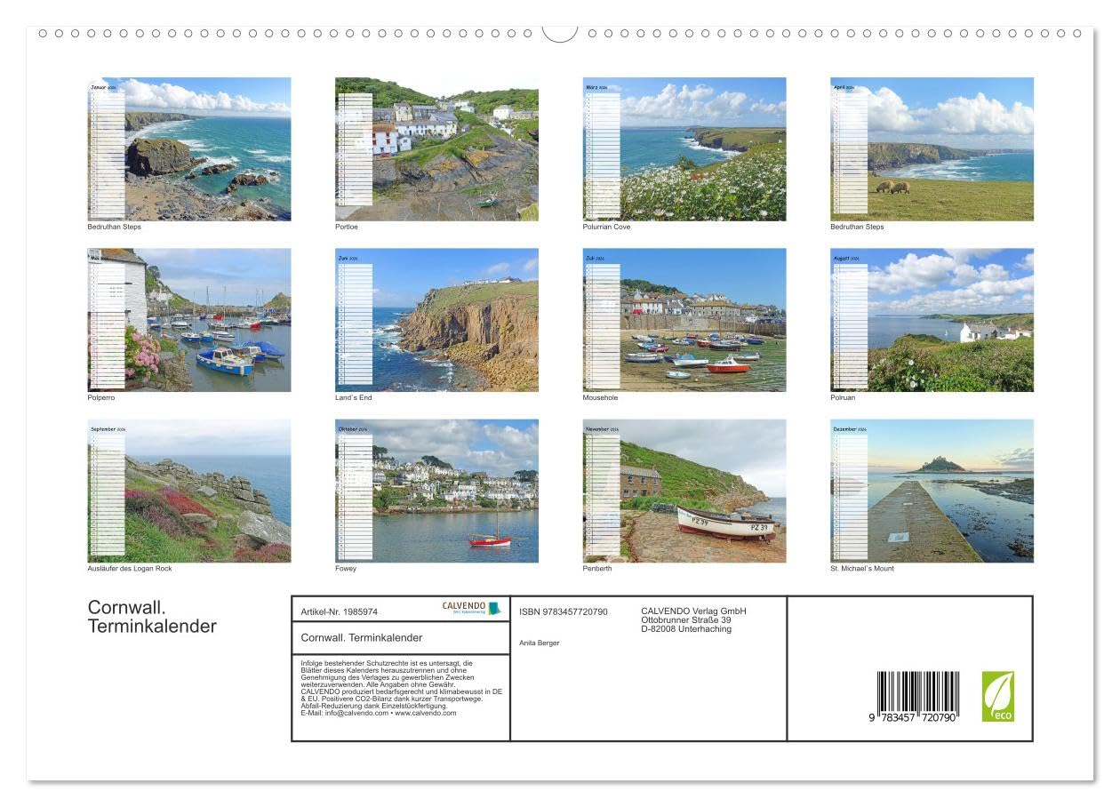 Cornwall. Terminkalender (hochwertiger Premium Wandkalender 2026 DIN A2 quer), Kunstdruck in Hochglanz: Malerische Küste und Fischerdörfer (CALVENDO Orte)