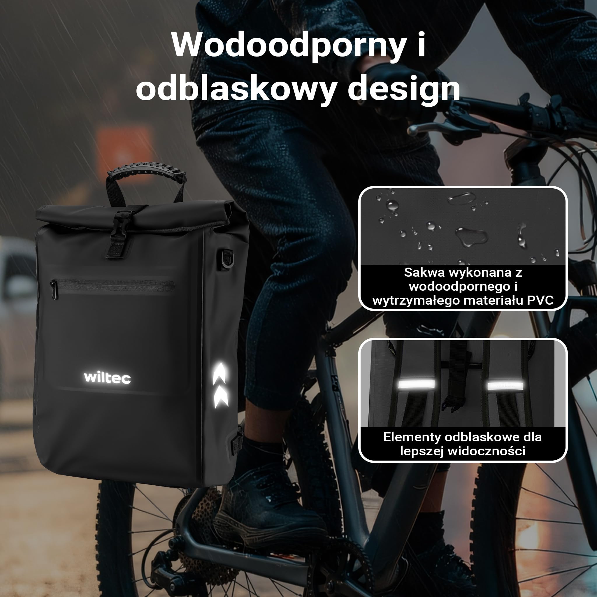 Wiltec Torba rowerowa 3w1 wodoodporna o pojemności 25 l, czarna, z funkcją plecaka i torby na ramie, na zamek zatrzaskowy