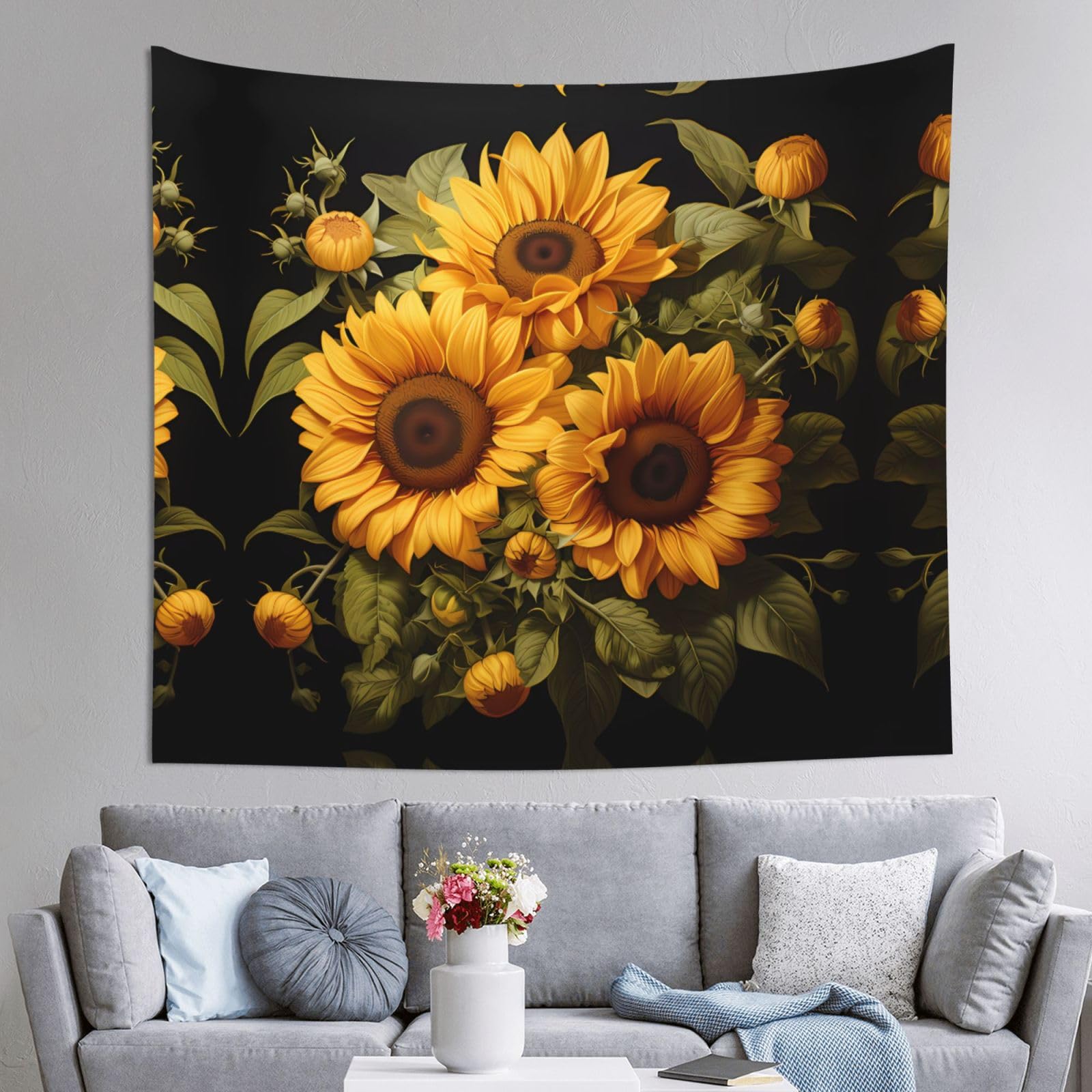 HLSBSSL 60x51in with the yellow sunflower Printed Tapestry Tablecloth for Dormitory and Picnic Rooms - Multifunctional Fabric Hanging