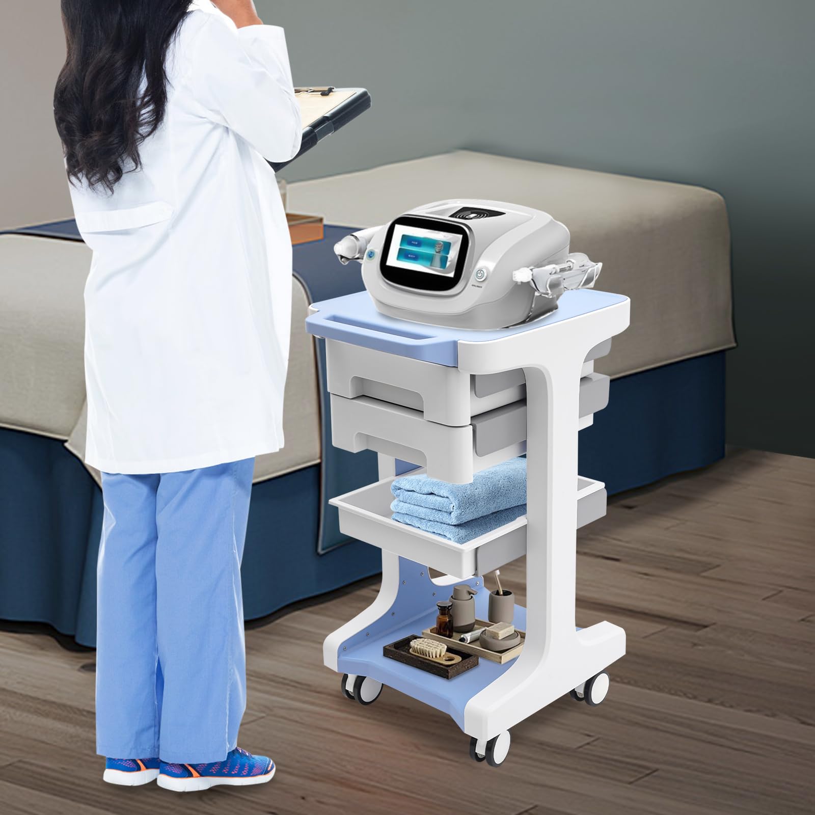 Carrello da laboratorio, carrello medico con 2 cassetti e 4 ruote, carrello cosmetico, carrello da lavoro, carrello medico, portata 50 kg