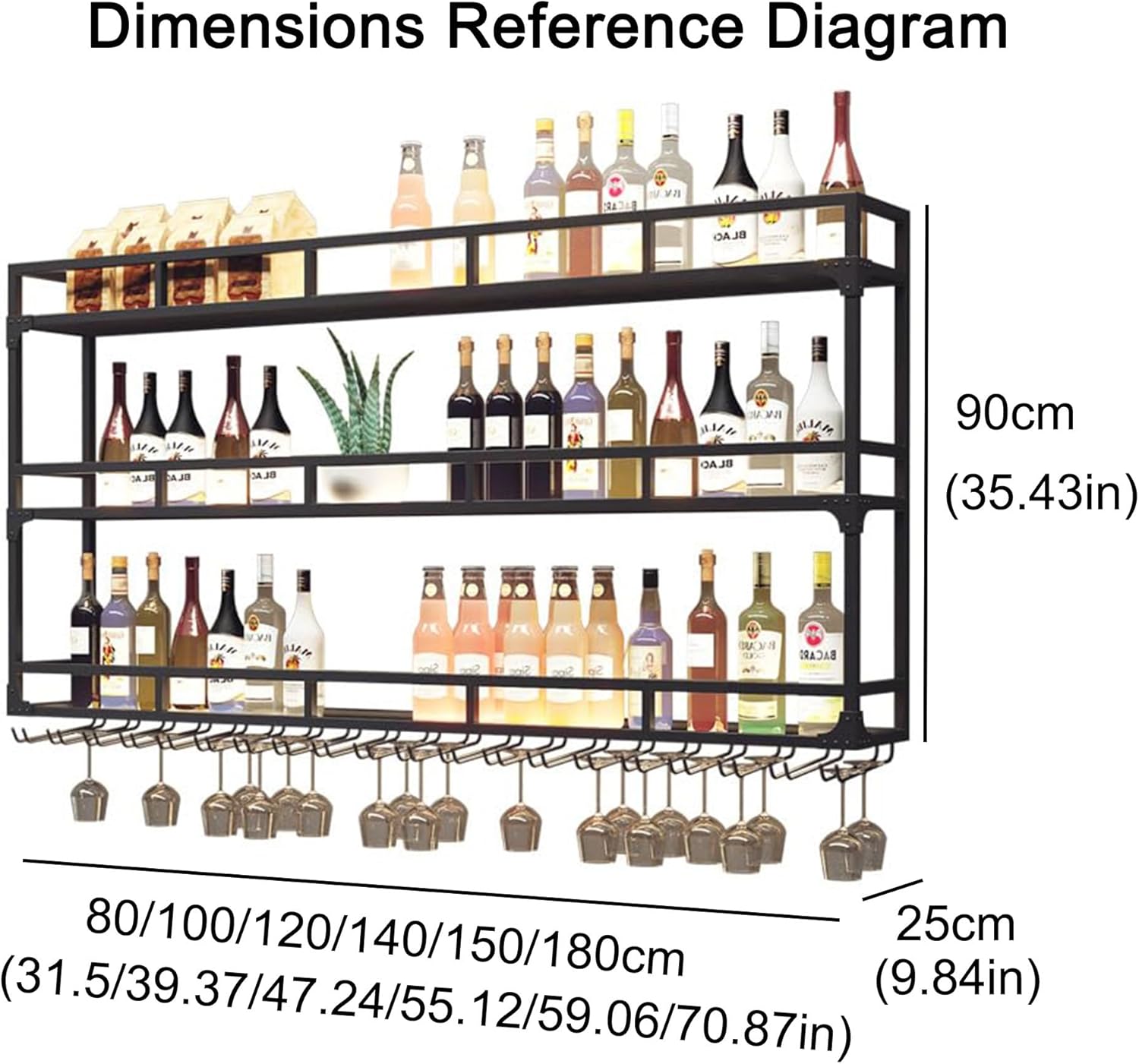 Wall Mounted Wine Rack with LED Light - Floating Liquor Shelf & Glass Holder for Wine Bottles - Stylish Black Bar Cabinet Display for Home Bar & Dining Room