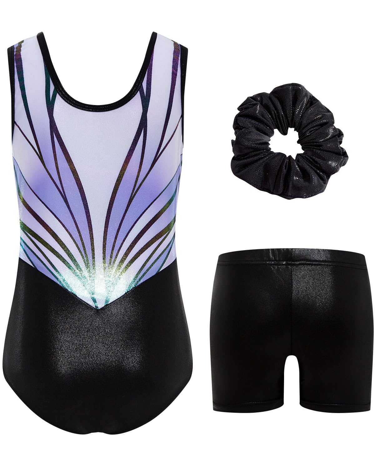 JiAmy Justaucorps de gymnastique pour filles – Tenue de ballet scintillant avec short et chouchou – Ensemble 3 pièces de 3 à 12 ans