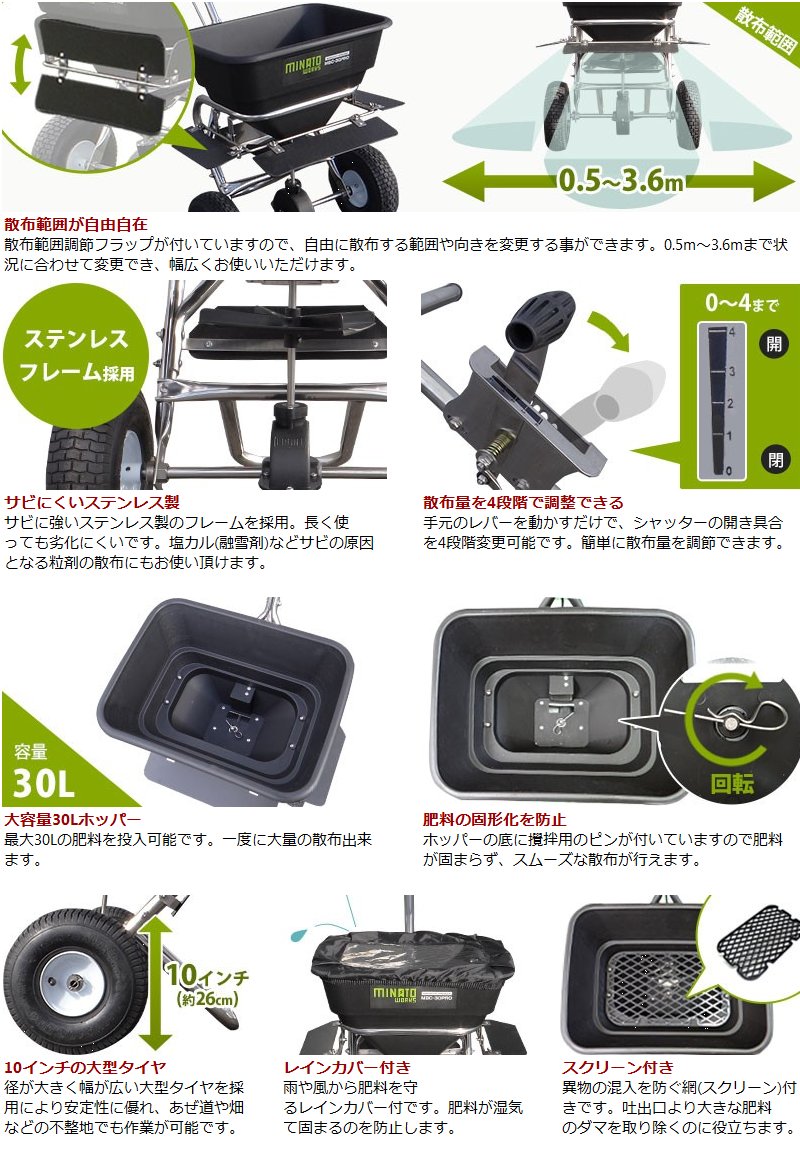 ミナト肥料散布機 手押し式 ブロキャス・プロ30 楽天市場】ミナト 肥料散布機 手押し式 ブロキャス・プロ30 MBC-30PRO