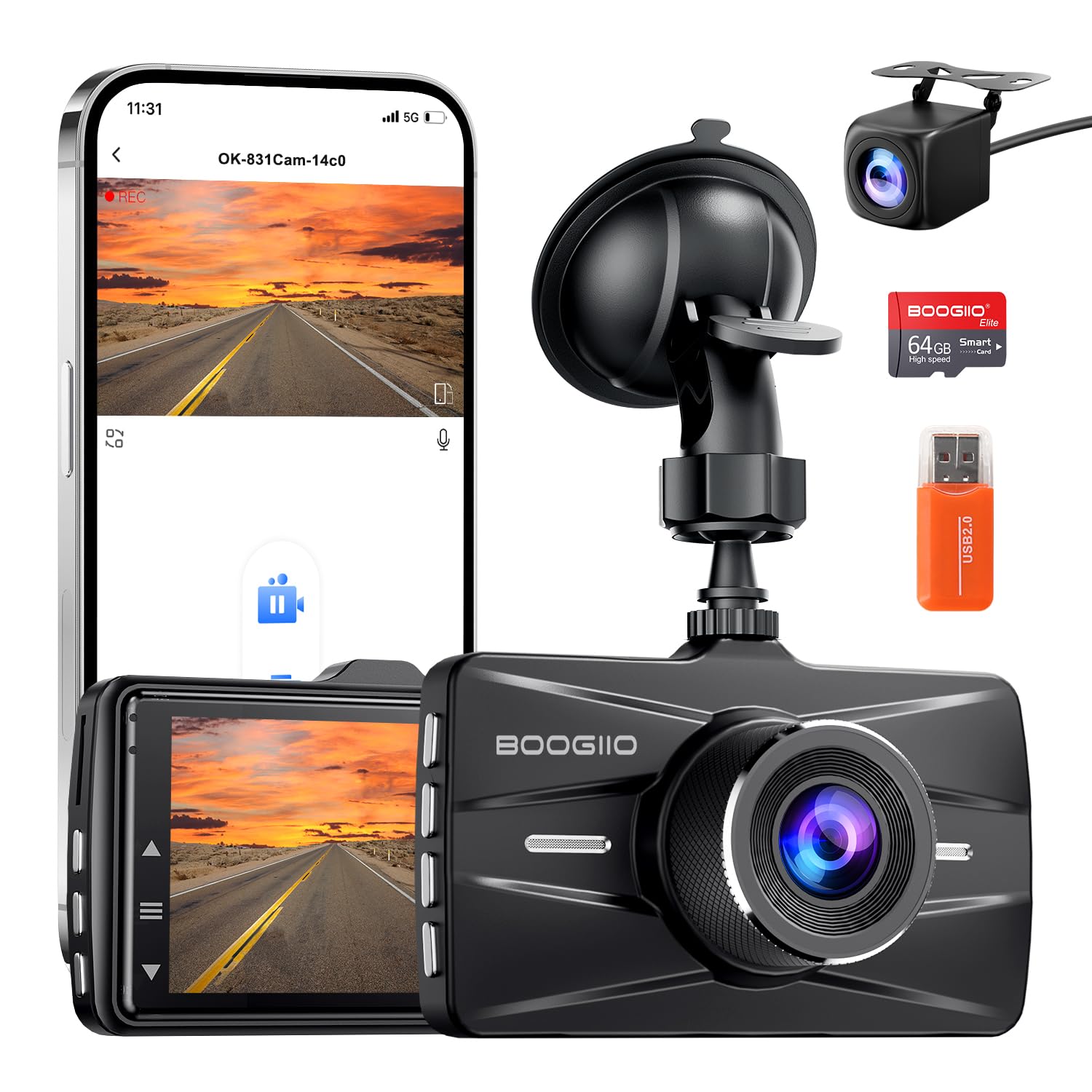 BOOGIIO Dash Cam Front and Rear with 64GB SD Card 4K Dash Camera for Cars with APP 5G