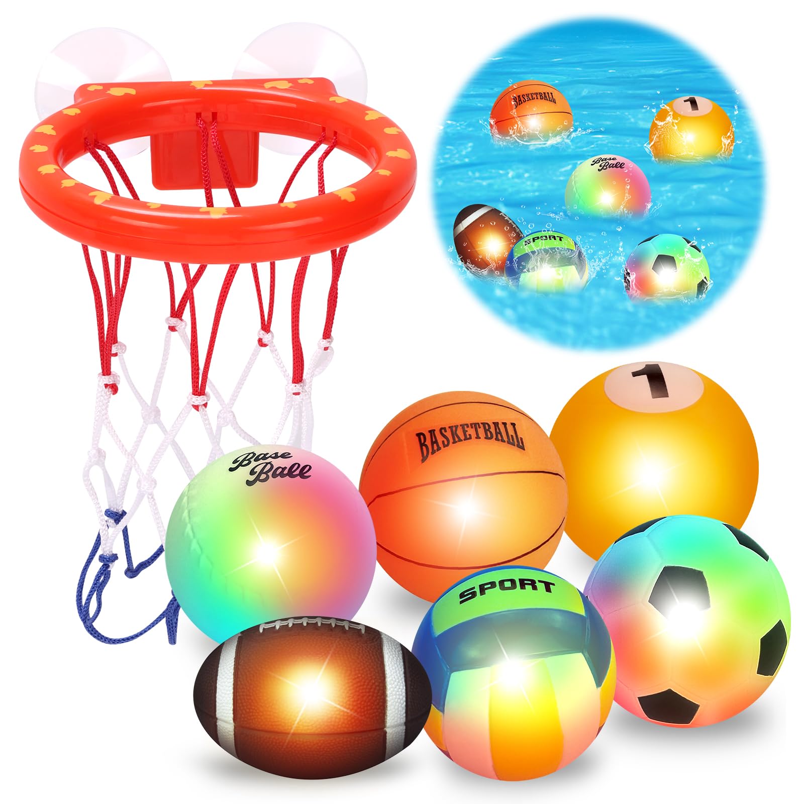Baby Bath Toys, 6 Pack Light up Balls Bath Toys with Basketball Hoop, No Hole Water-Activated Sensory Toys Flash & Change Color Bathtub Toys for Toddlers 1-3, Bath Time Shower Gifts for Boys Girls
