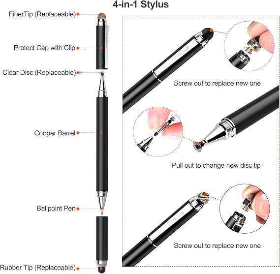 Penyeah Stylus Pen 4 in 1, Universal Stylus Pens for Touch Screens, High Precision and Sensitivity (Black), with Replacement 2.75 Ballpoint Pen Refills (12count, Black Ink)