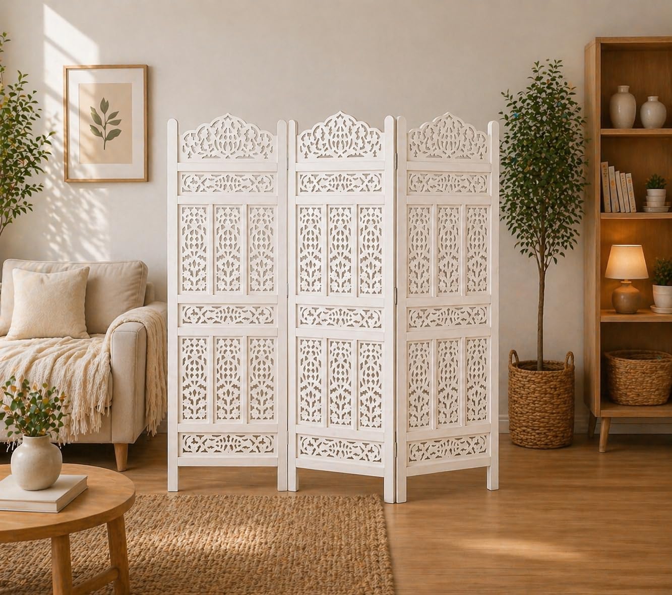 Home & Goods International Wooden Room Divider Partition – 5-FT Folding Privacy Screen Decorative Freestanding Panel for Home, Office & Studio with KANGRA BADRUN Design (White, 3 Panel)-image-7