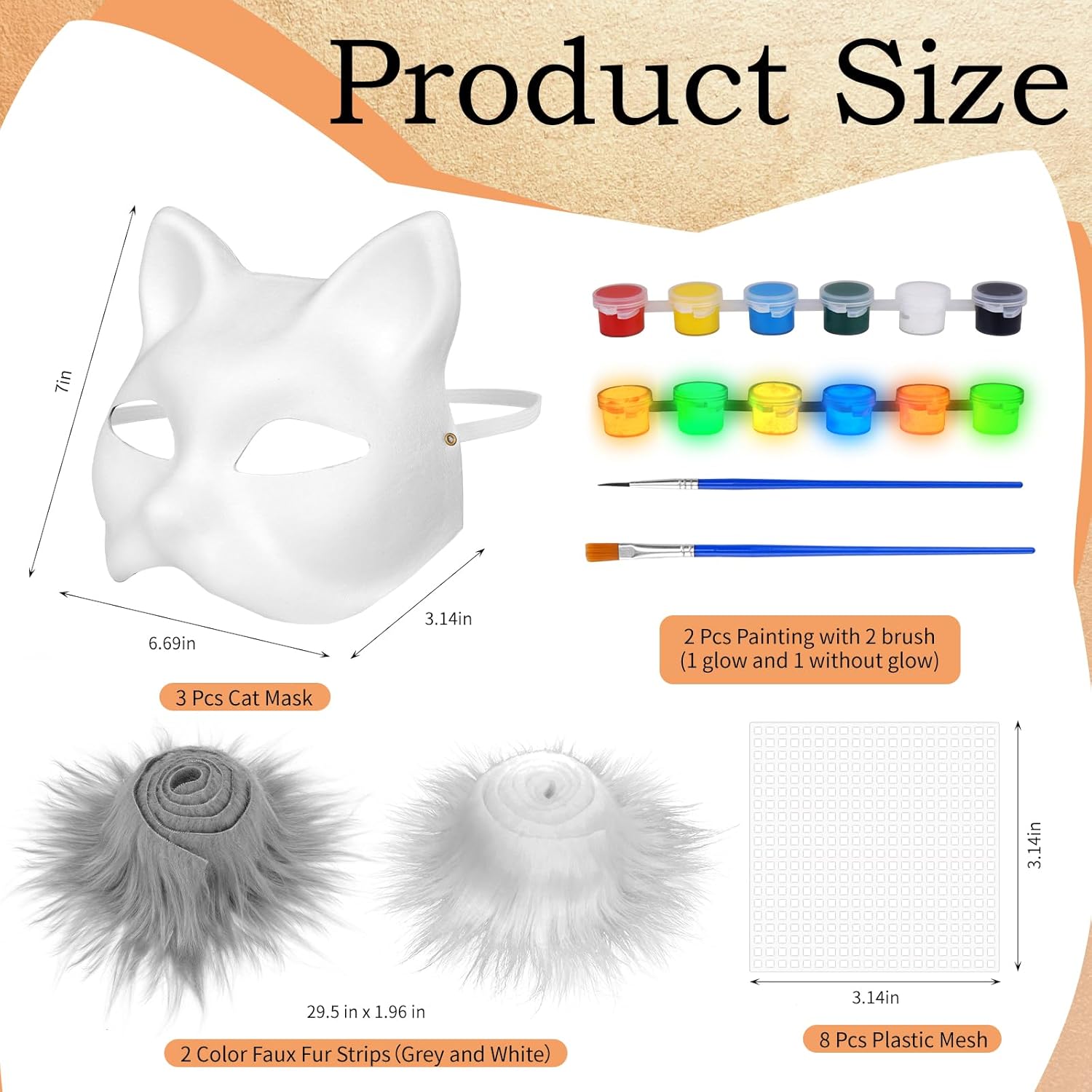 Dreamtop 15Pcs DIY Glow Therian Mask Cat Kit Includes Blank Cat Masks Faux Fur Fabric Plastic Meshes Sheets Glow and Acrylic Paint, Costume Masks for Halloween Masquerade Cosplay Party