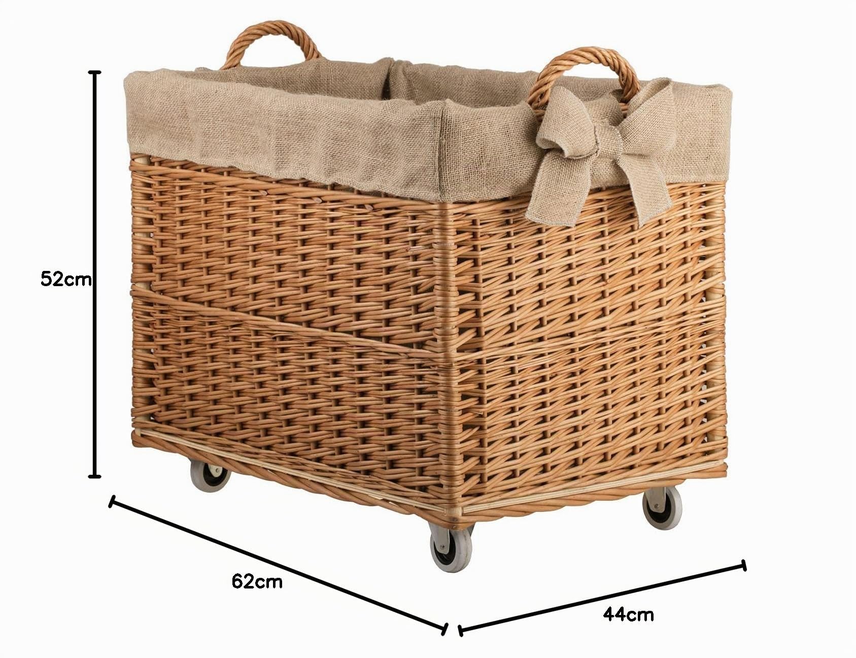 Cesta de mimbre para chimenea, rectangular, para leña, con ruedas, con forro de yute