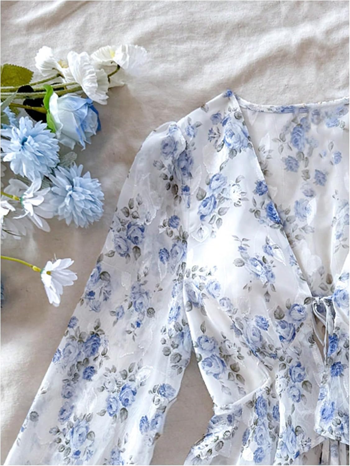 MakeMeChic Women's Floral Crop Tops V Neck Tie Front Ruffle Hem Long Sleeve Peplum Blouse - Image 3