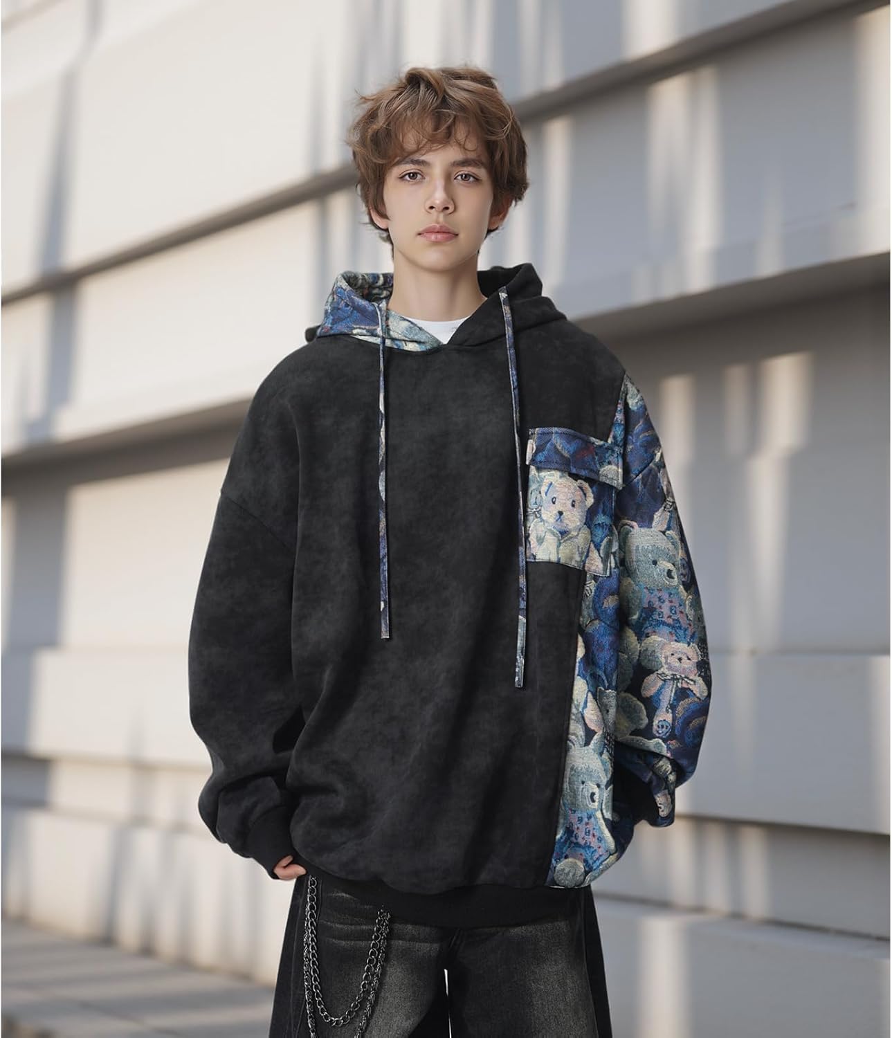 Men's Bear Graphic Patchwork Hoodie Oversized Tie Dye Streetwear Pullover Sweatshirt