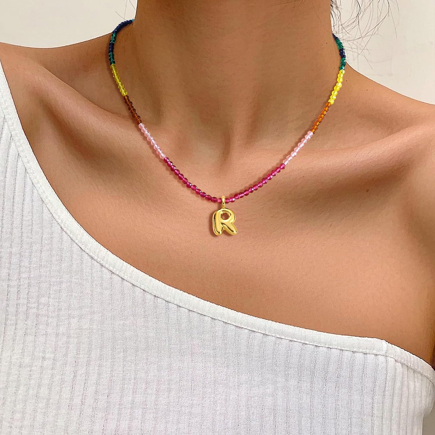 Soleebee Colorful Beaded Initial Necklace for Women, Cute 14K Gold Plate Bubble Letter Pendant Trendy Dainty Rainbow Gemstone Choker Necklace Jewelry image 2