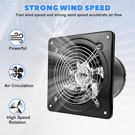 6 Inch Exhaust Fan, 341CFM Stainless Steel Bathroom Exhaust Fan, Wall Mounted Garage Ventilation Fan, Basement Extractor Fan with Backdraft Damper Ideal for Attic, Greenhouse, Basement, Shed