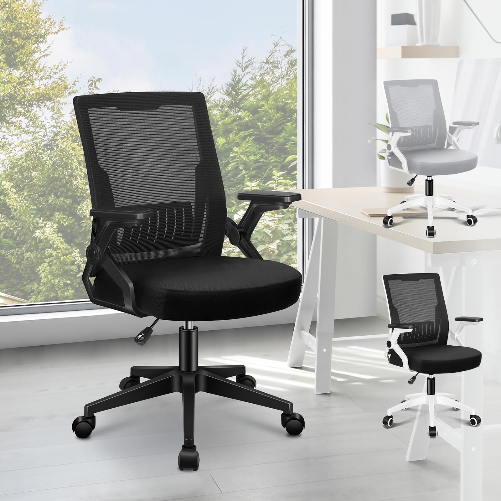 ELFORDSON Ergonomic Office Chair, Height Adjustable Desk Chairs for Home Office, Mid-back Swivel Mesh Computer Chair with 2D Armrests and Lumbar Support, Black