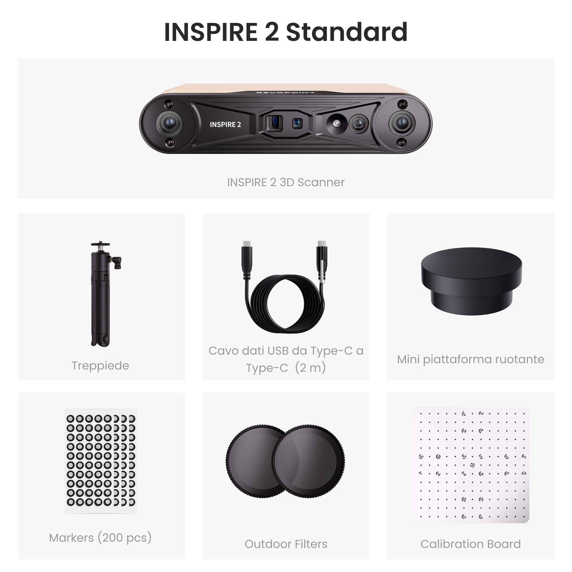 Revopoint INSPIRE 2 Scanner 3D per stampa 3D, Precisione da 0,03 mm, Laser Multilinea e Luce Strutturata, Scansione Wireless per Esterni, Scansioni a Colori, per iOS/Android/macOS/Win10/11, Standard