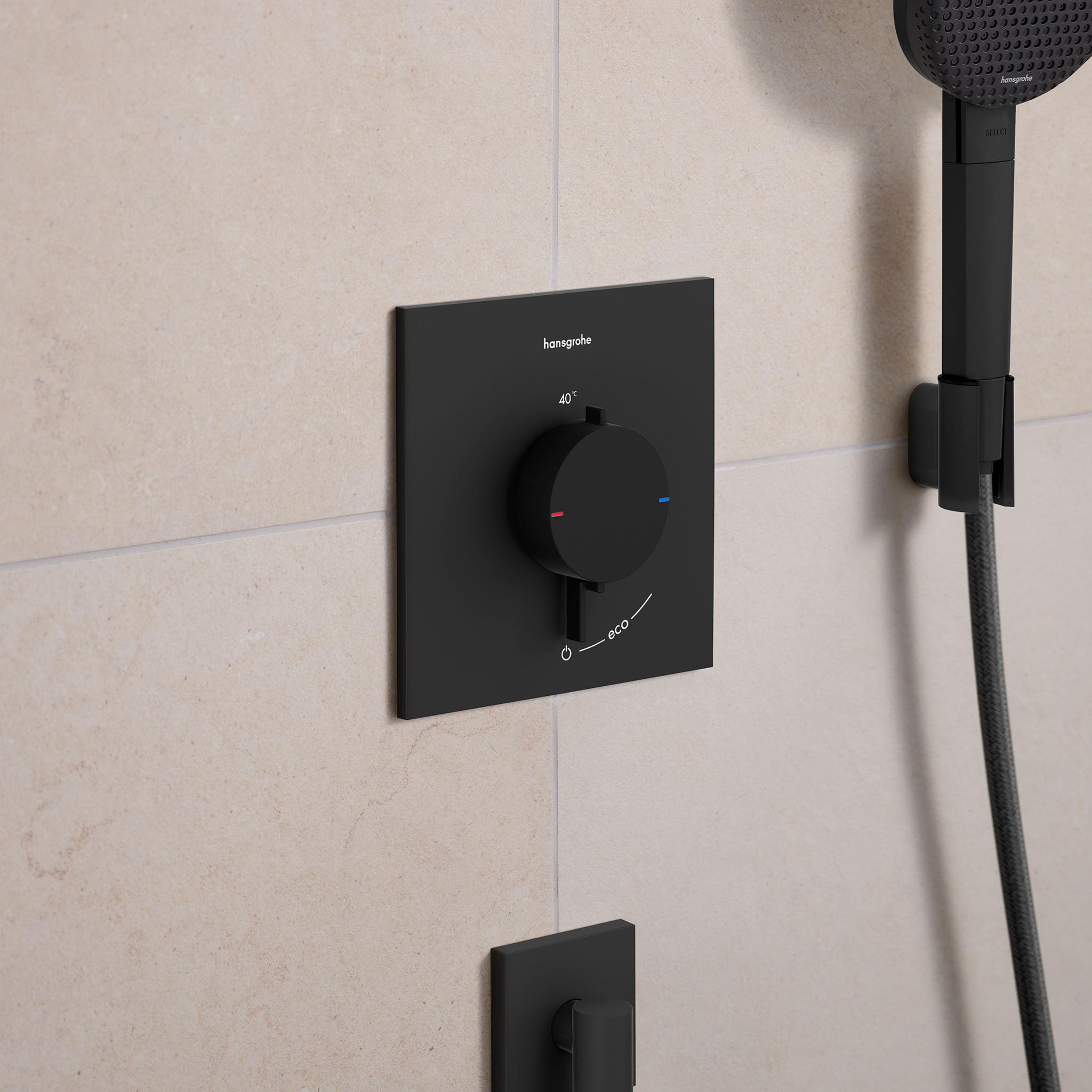 hansgrohe Ecostat Comfort E - termostato para ducha empotrado, grifo ducha con botón de seguridad (SafetyStop) a 40 °C, mezclador para 1 función, negro mate, 33710670