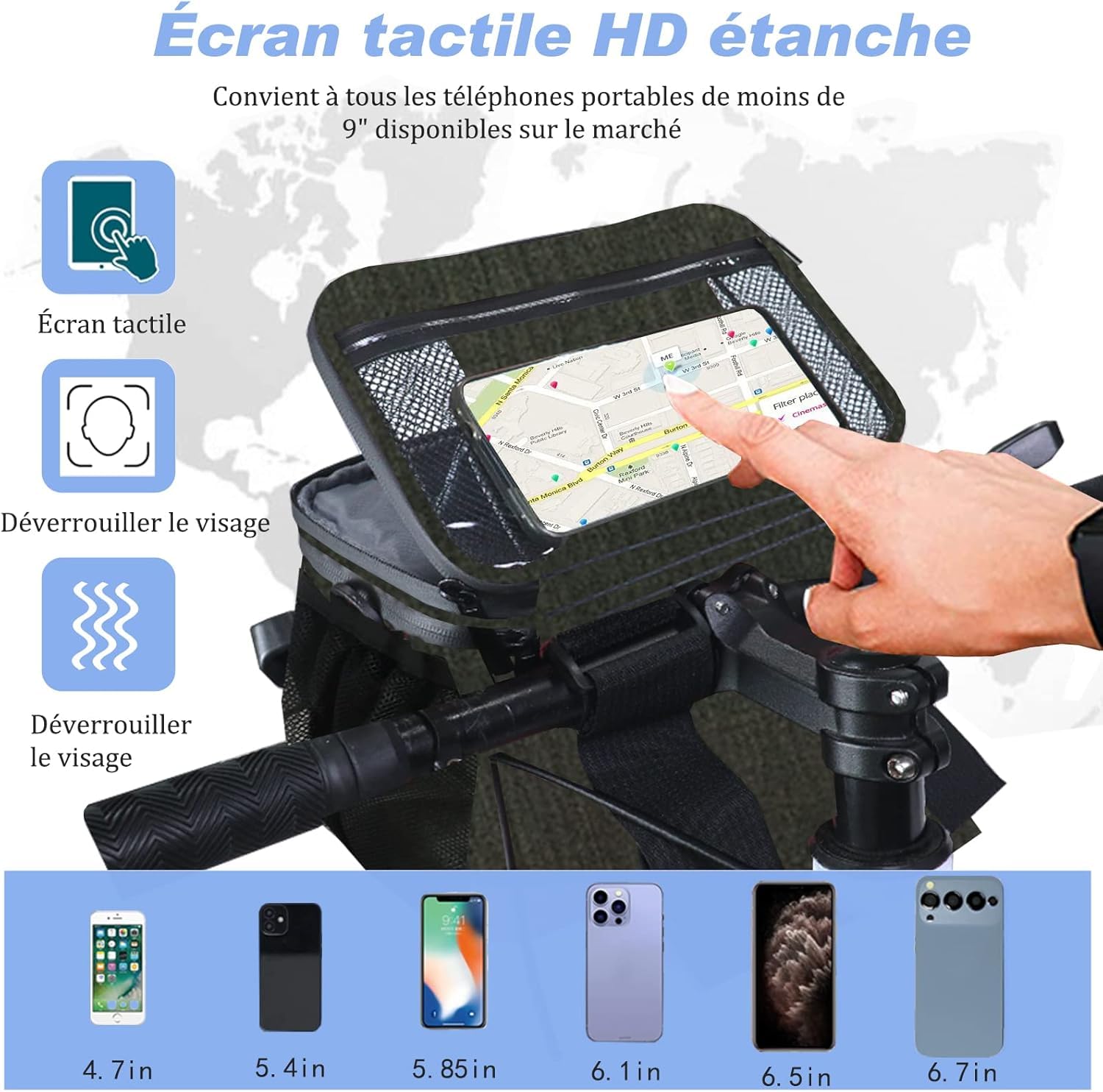 Sacoche de guidon de vélo, 5 l, étanche, poche avant isolée, avec support de téléphone portable pour écran tactile et bandoulière amovible, compartiment isotherme pour vélo électrique, VTT et