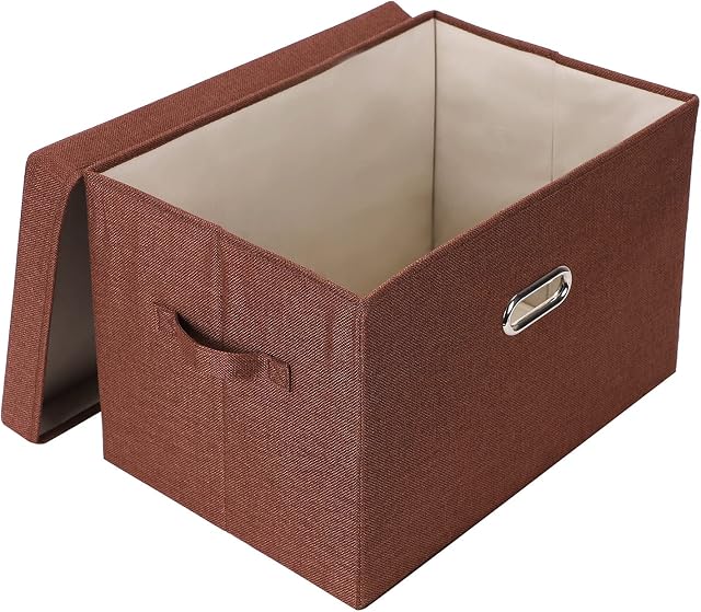 YYjop Foldable Storage Box with Lid, Linen Fabric Storage Bin with Metal Handle, Toys Clothes Books Storage Container Organizer for Bedroom Closet Office Living Room, 17.7 x 11.8 x 11.8 inch (Brown)