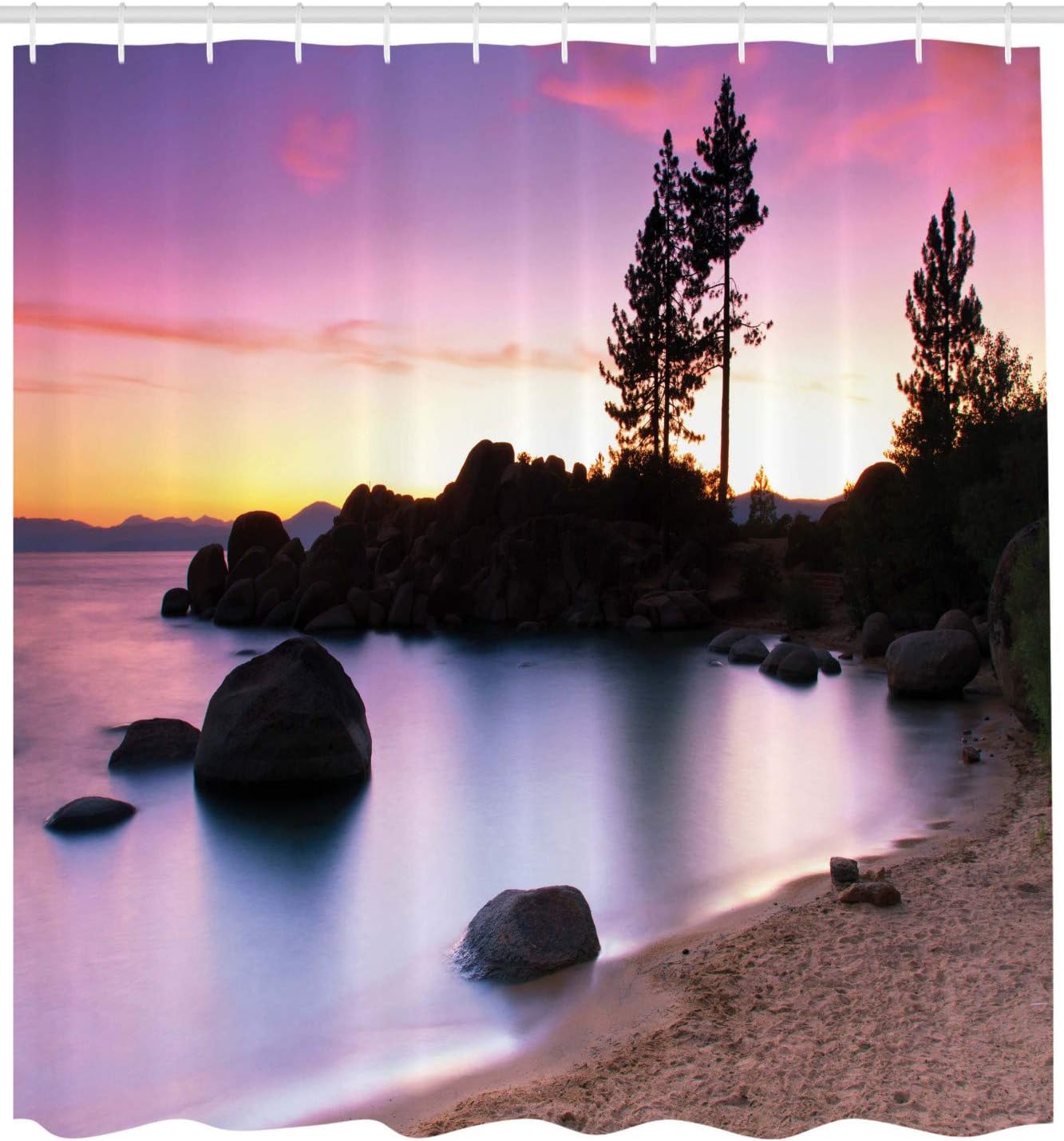 Ambesonne Nature Shower Curtain, Lake Tahoe Beach at Sunset with Dreamy Purple Misty Sky Surreal Coast Scenery, Cloth Fabric Bathroom Decor Set with Hooks, 69" W x 84" L, Dark Brown Peach