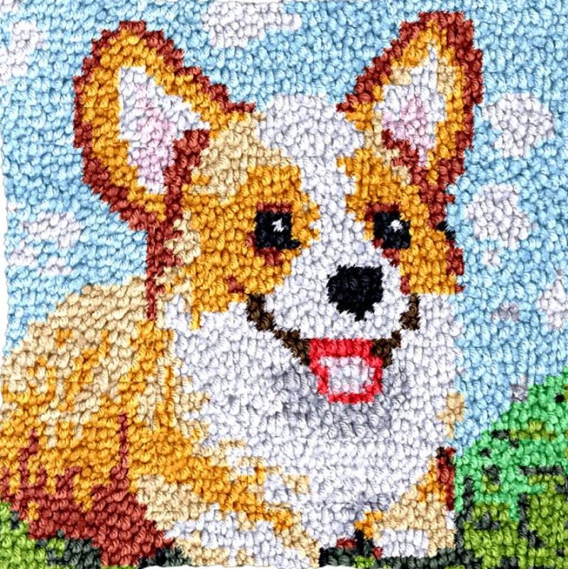 Square Latch Hook Kits Rug DIY Corgi Cushion Tapestry Making Crochet Hook Rug Making Kits Color Preprinted Pattern Canvas Cushion DIY Arylic Yarn Hooking Kits Rug Hooking 40x40CM