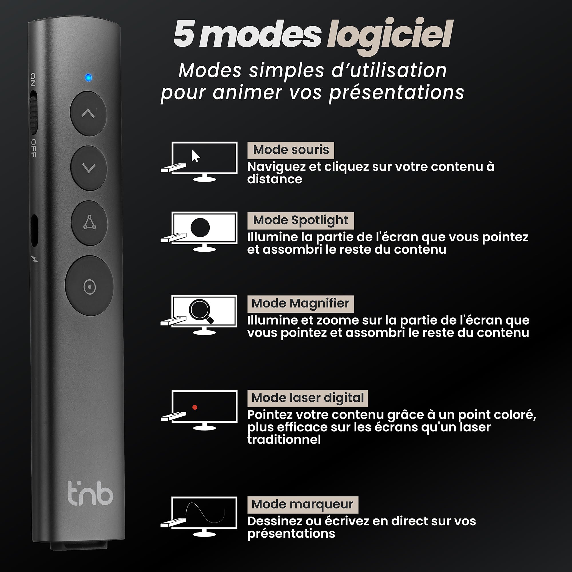 T'nB Télécommande de présentation Spotlight Rechargeable Aluminium Gris