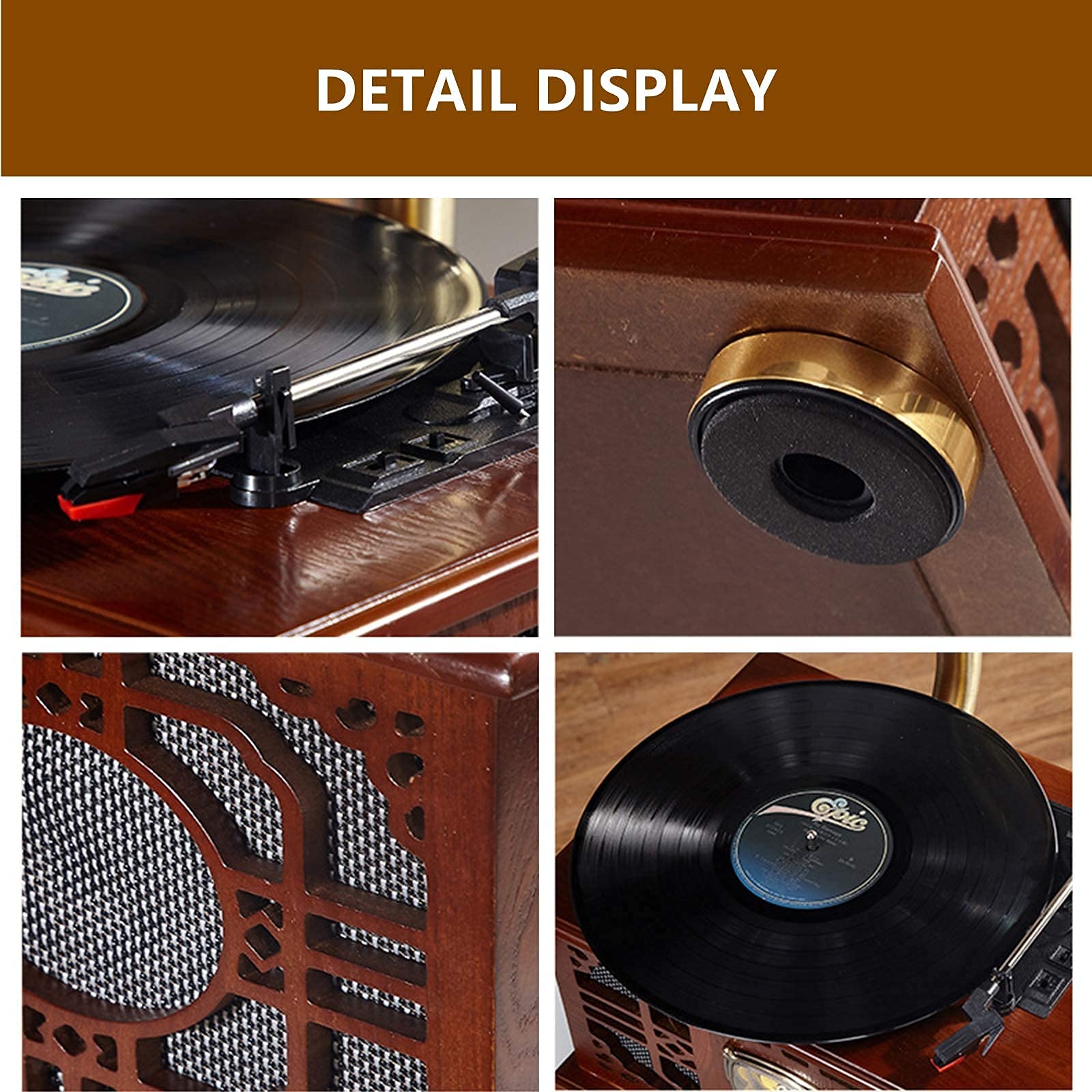 Gramófono de Madera, Estilo Retro, Tocadiscos de Vinilo Antiguo de Gran tamaño, Compatible con reproducción de vinilos y CD, Bluetooth inalámbrico, Radio y reproducción de Disco, Brown