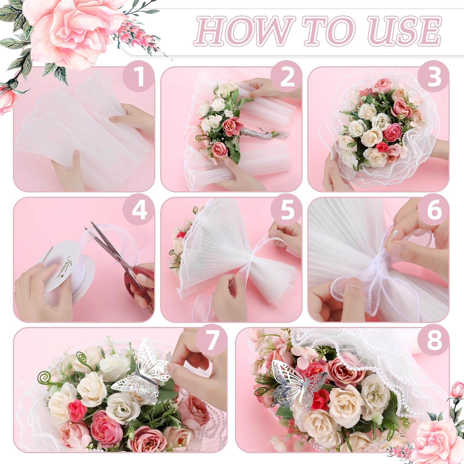 155 Pcs Bouquet Wrapping Paper Pearl Edge Mesh Wrinkled Flower Packaging Paper with Butterfly Decorations Silver Crowns Ribbons Pins for Flower Bouquets for Wedding Gifts Florist Supplies DIY Crafts