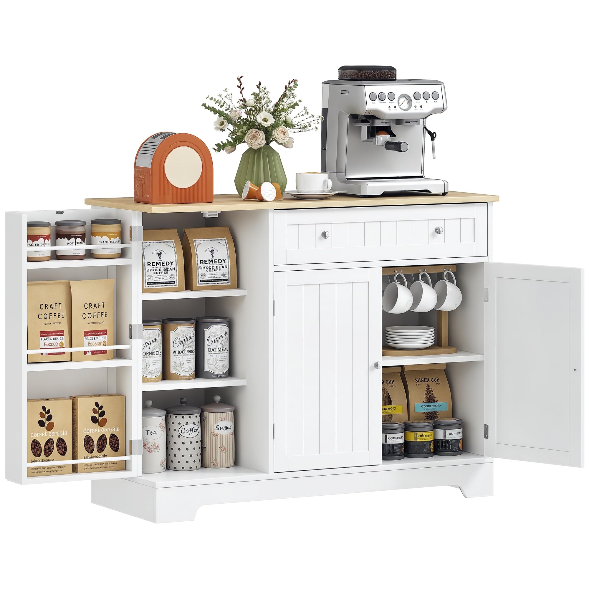 HOMCOM Credenza Cucina con Armadietti, Cassetto, Mobile Cucina con Ripiani Regolabili, Credenza Buffet per Sala da Pranzo, Soggiorno, Stile Moderno, 105x40x83 cm, Bianco