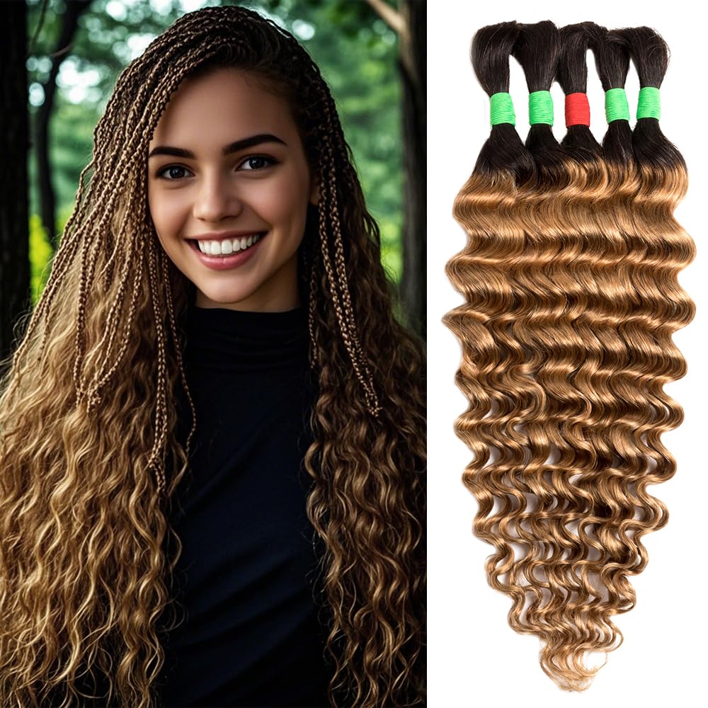 Boho Braids Human Hair Extensions for Braiding Human Braiding Hair for Boho Braids Human Hair Bundles Deep Wave Bundles Human Hair for Braiding No Weft 18 inch Curly 5 Bundles Total 100g #T1B/27 Color