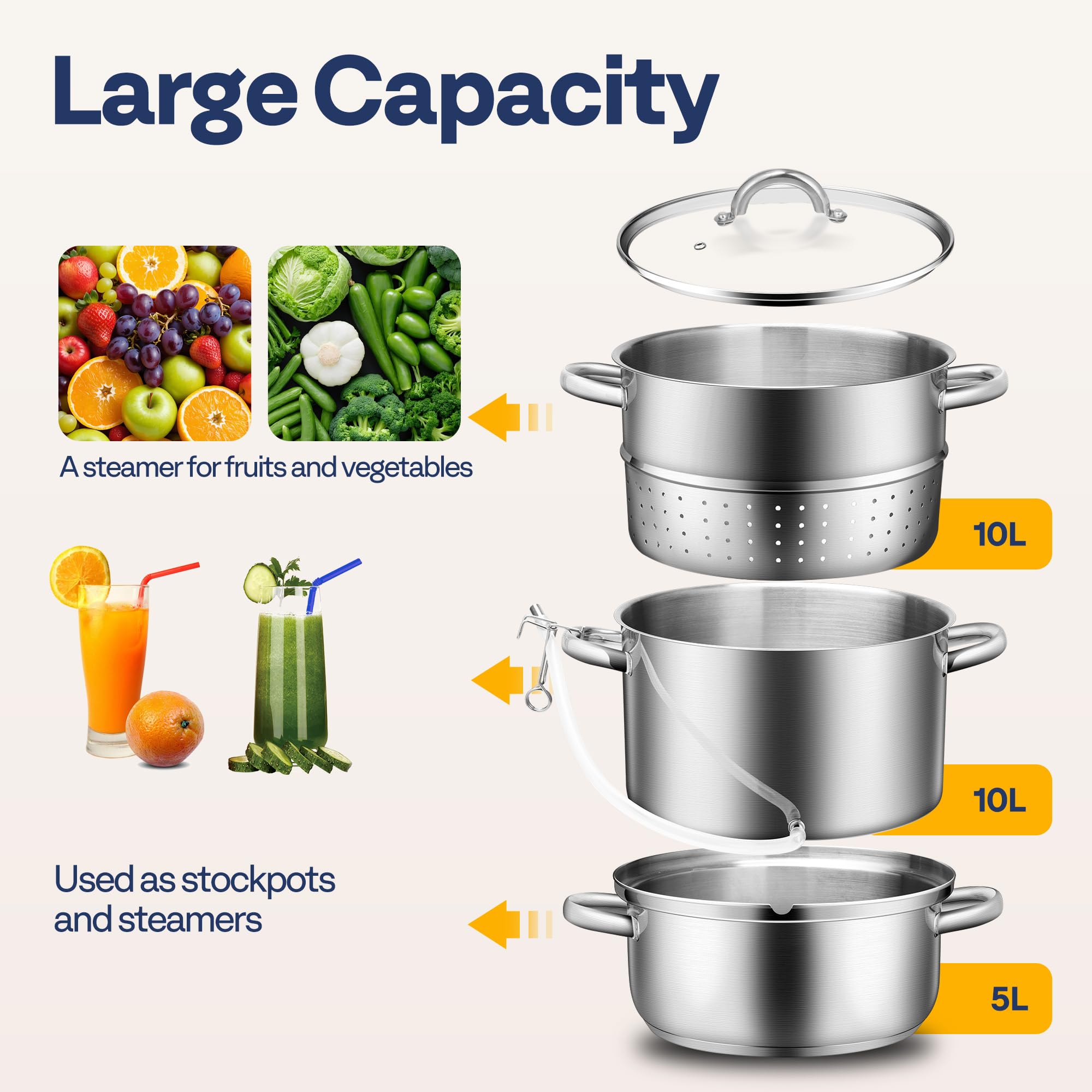 VIVOHOME Stal nierdzewna Sokowirówka Parowar Wyciskarka Sok Owoce Warzywa Parowar 10L z pokrywką ze szkła hartowanego 2 węże zacisk uchwyty pętli | 11 Qt Garnek do gotowania na parze z pokrywką ze szkła hartowanego, 2 węże, zacisk, uchwyty pętli