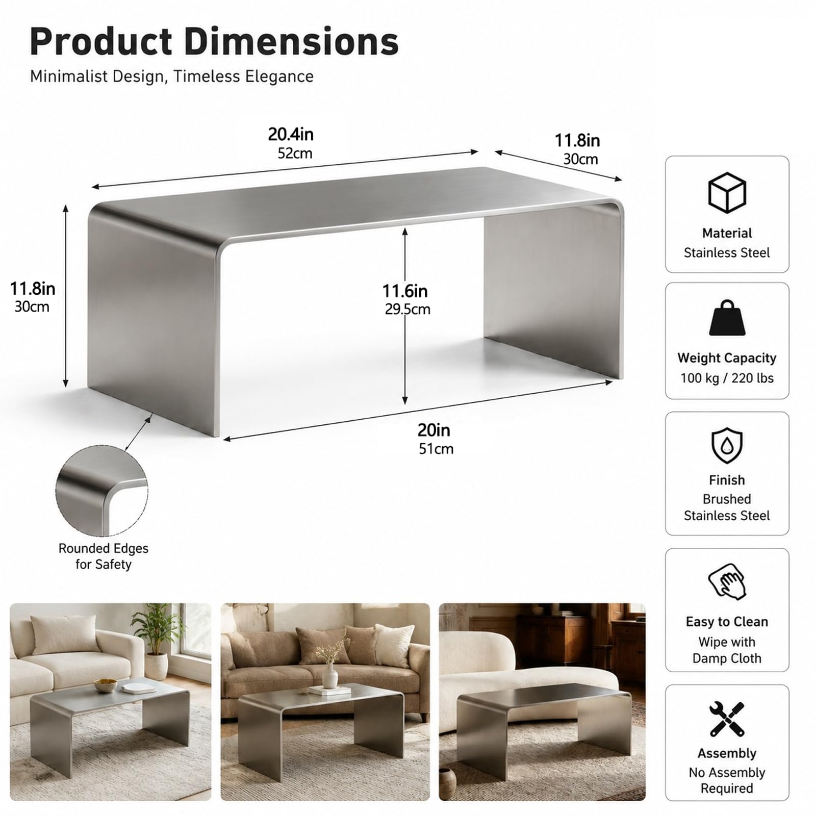 Stainless Steel C-Shaped End Table, Silver Sofa Bedside | one-piece bent form, brushed finish, pre-assembled, end table