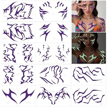 12 PCS Glow in The Dark Cosplay Purple Temporary Tattoos, Dance Fake Tattoos for Cosplay, Halloween, Music Festival, Dance Party Makeup, Fantasy Creature Design, Fantasy Theme Costume Accessories