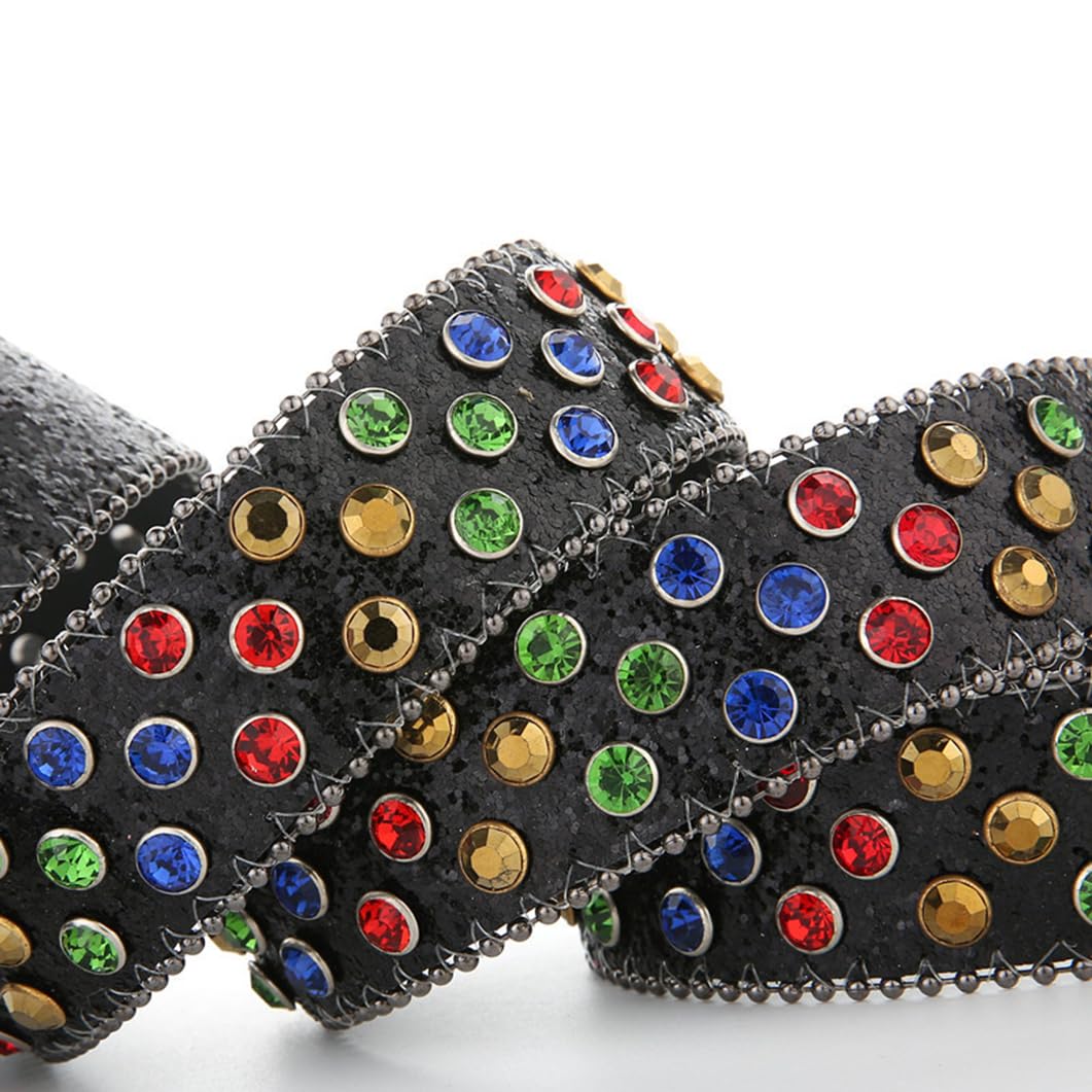 Cintura Occidentale Tempestata Di Strass Multicolor, Girevole In Pelle Con Paillettes Fibbia A Scatto Girasole 105 Cm Blu