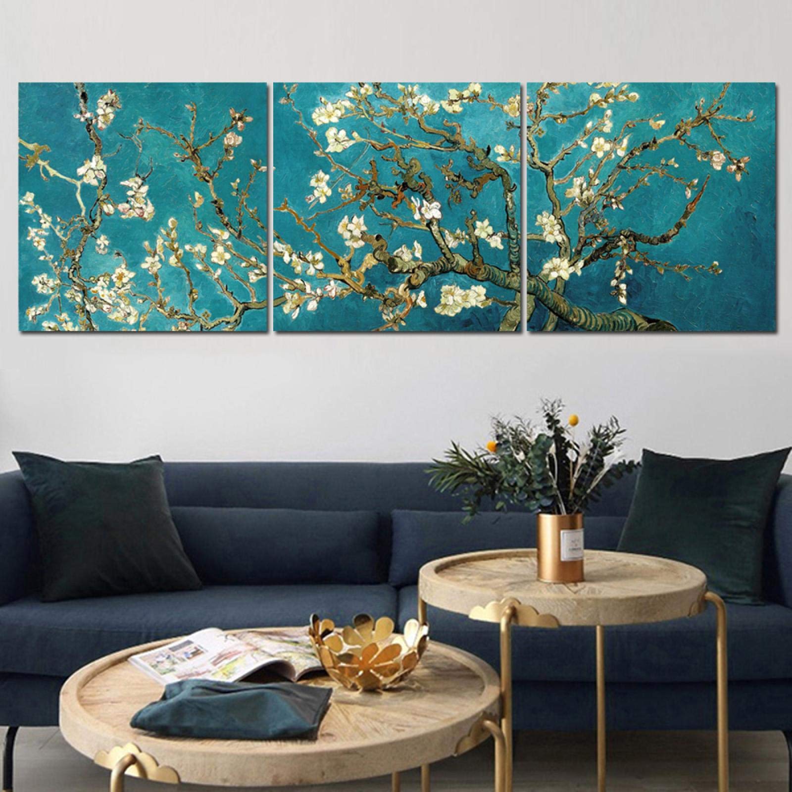 KDXAOBEI Van Gogh 3 Panels Almond Blossom Canvas Wall Art Prints Famous Flower Painting On Poster Pictures For Living Room 60x60cm(24x24in) x3 No Frame