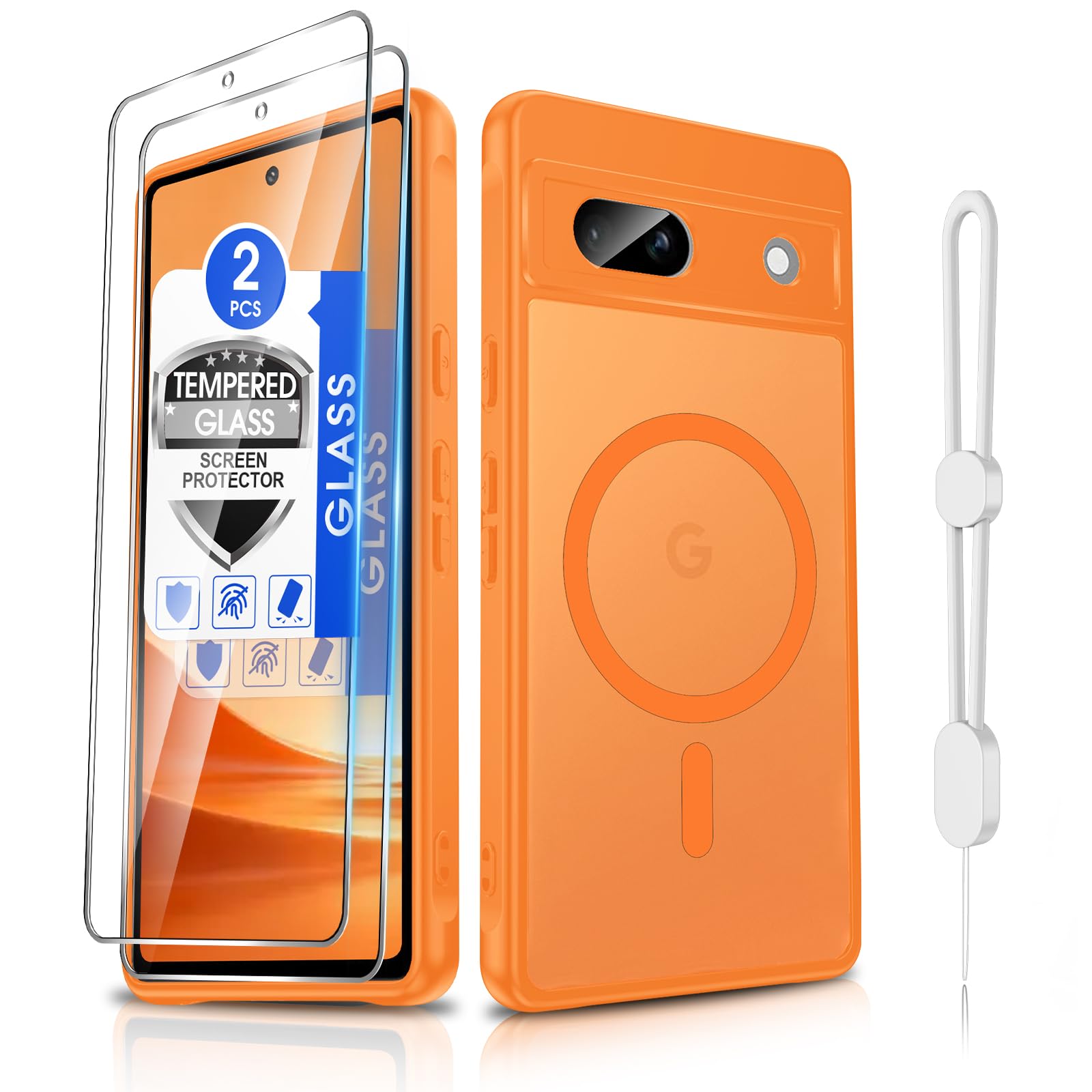 Dizn for Google Pixel 7a Phone Case:[Not Fit Pixel 7],with 2 Pcs Tempered Glass Screen Protector,Lanyard,Compatible with MagSafe Wireless Charging,Smoot Thin Cover,Military-Grade for Pixel 7a,Orange