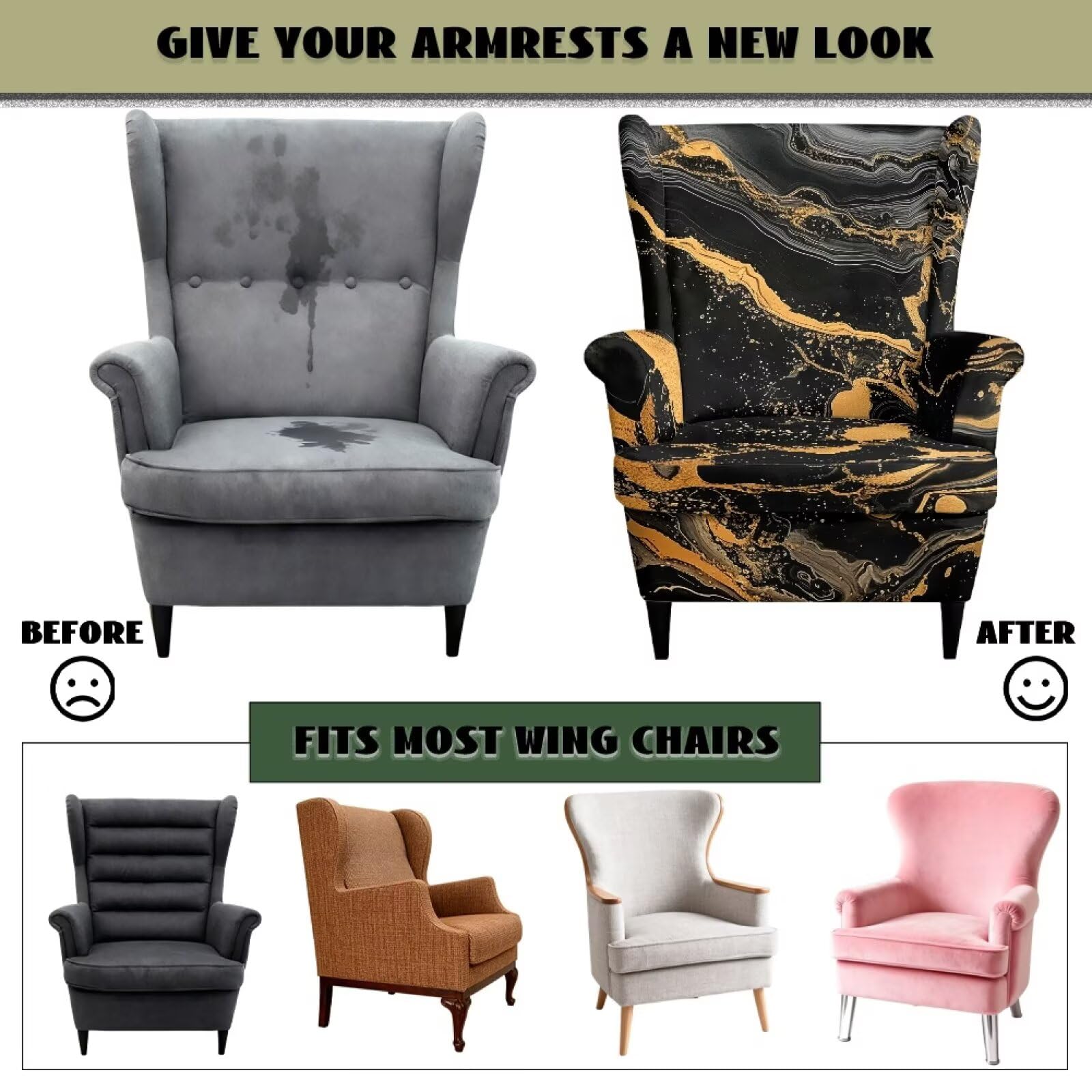 Xoenoiee Fundas elásticas para sillas con respaldo de alas con estampado de mármol negro, 2 piezas, funda lavable para sillones, protector de muebles antideslizante para sala de estar
