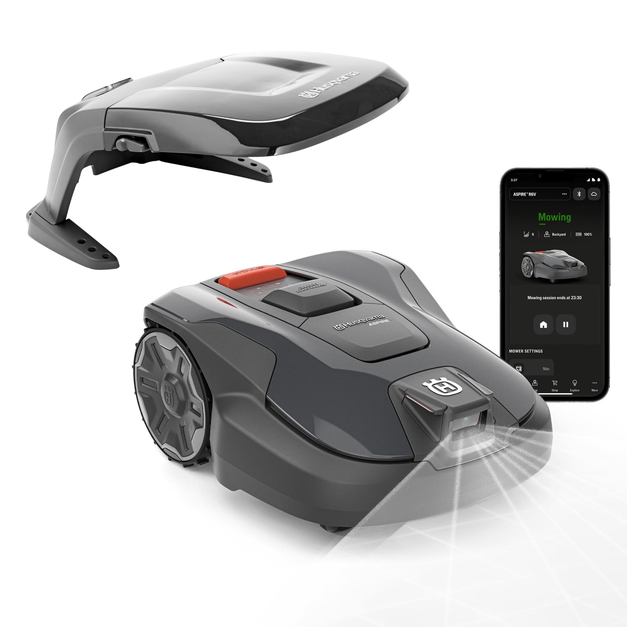 HUSQVARNA Automower® Aspire R6V Mähroboter – ohne Begrenzungskabel, AI Vision, GPS-Navigation, App-Steuerung, virtuelle Zonen, bis 600 m² + Garage