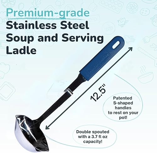 Miniatura 21 de Souper Cubes + Lori Greiner - Cucharón de sopa de acero inoxidable con mango de silicona - Cucharón de sopa de metal con diseño sin desorden que se
