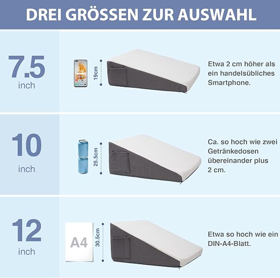 Exsnugy 19cm Keilkissen für Bett und CouchReflux Kissen Erwachsene Lindert Schnarchen und Rückenschmerzen Ideal nach Operation Memory-Schaum mit Waschbarem Atmungsaktivem Bezug