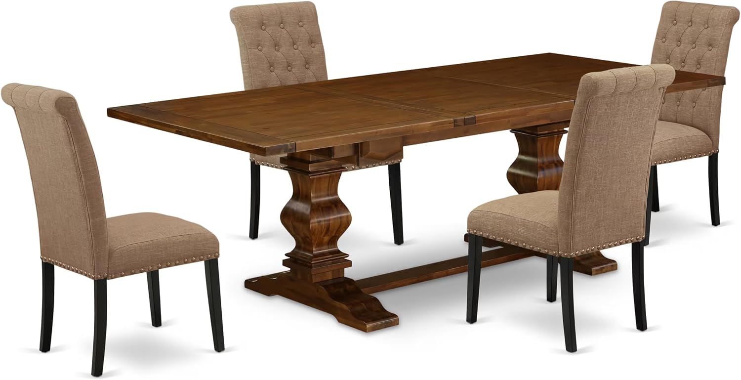 East West Furniture LABR5-81-17 5 Piece Kitchen Table & Chairs Set Includes a Rectangle Removable Leaf Dining Table and 4 Light Sable Linen Fabric Parson Chairs, 42x92 Inch, Walnut