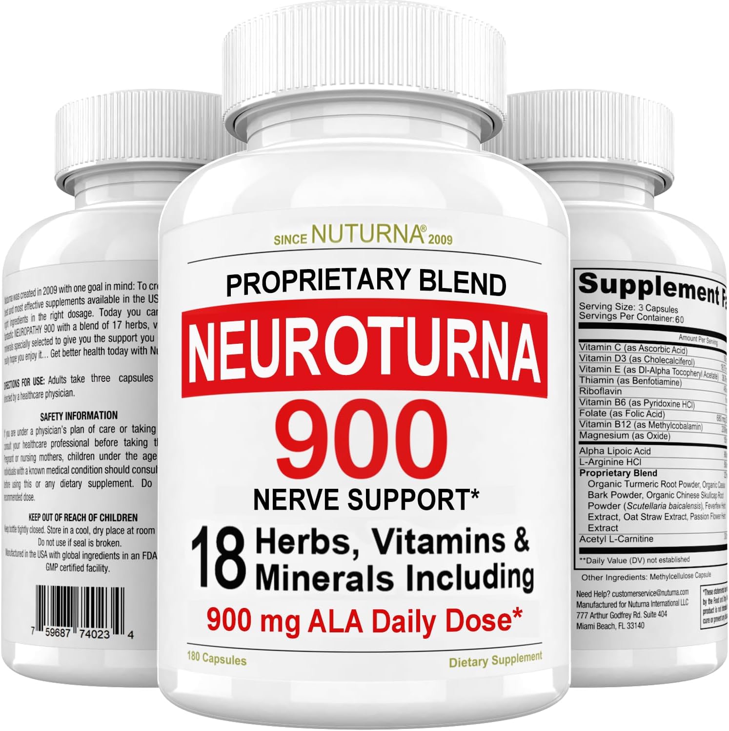 Neuroturna Support Supplement with 900 mg Alpha Lipoic Acid - Advanced ALA Formula for Feet Hands Fingers Legs - Ultra Potent 18 in 1 Natural Vitamins - 180 Capsules