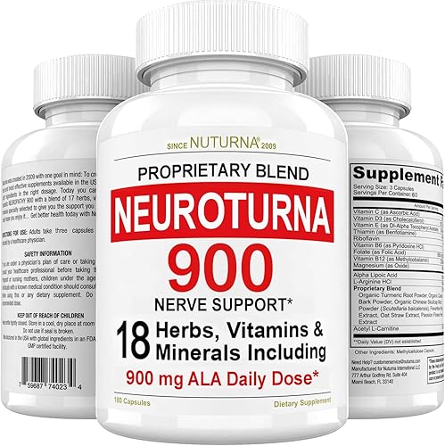 Neuroturna Suplemento de apoyo con 900 mg de ácido alfa lipoico, fórmula avanzada de ALA para pies, manos, dedos y piernas, vitaminas naturales 18