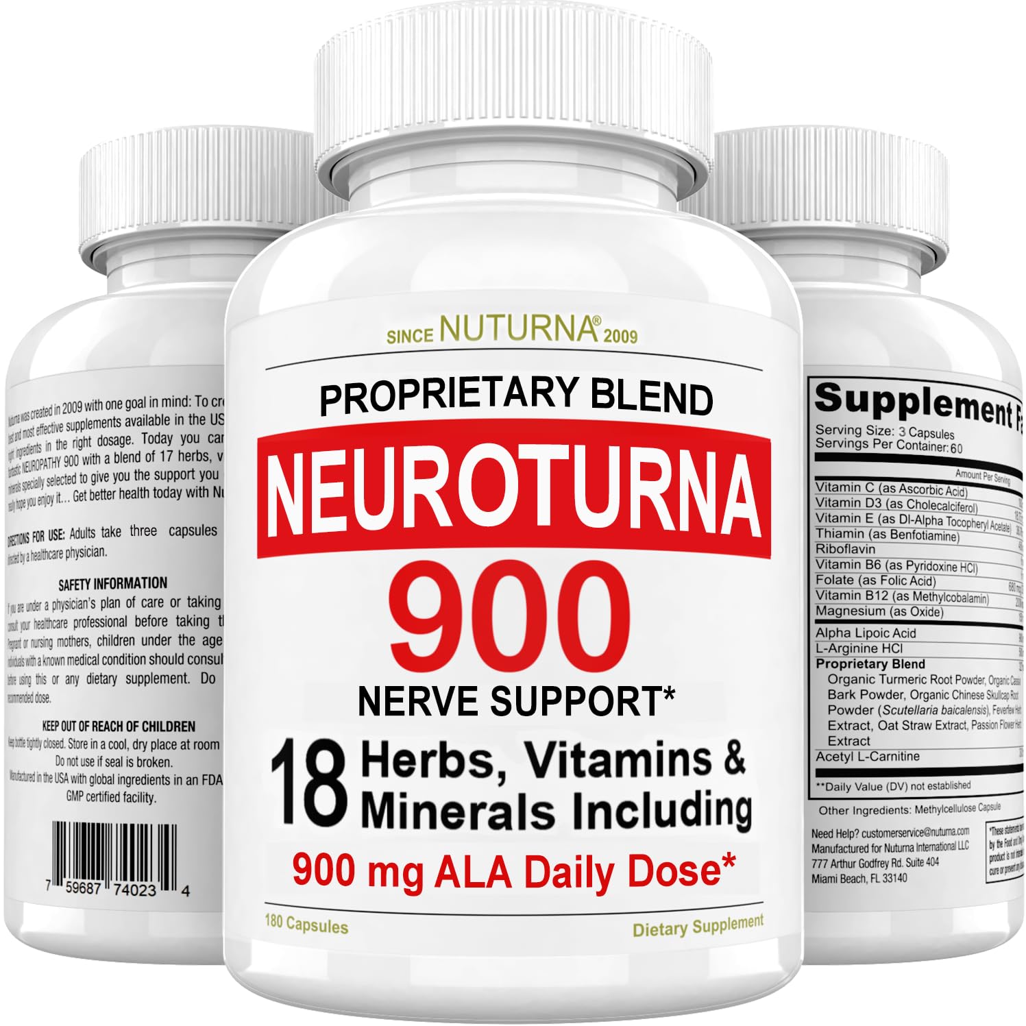 Neuroturna Support Supplement with 900 mg Alpha Lipoic Acid - Advanced ALA Formula for Feet Hands Fingers Legs - Ultra Potent 18 in 1 Natural Vitamins - 180 Capsules