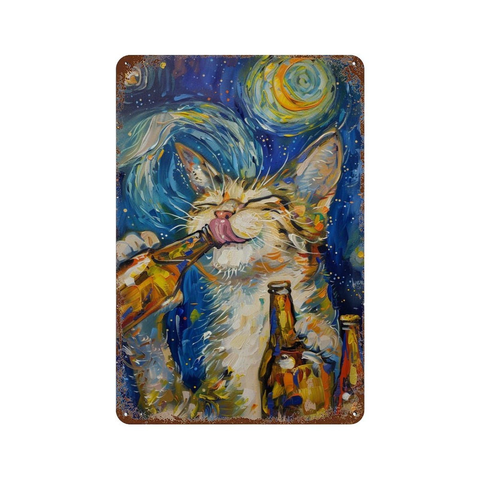 Starry Night Cat with Beer -3 Rust Effect Tin Sign 11.8"x7.9", Vintage Wall Decor for Pub, Kitchen And Man Cave Decor