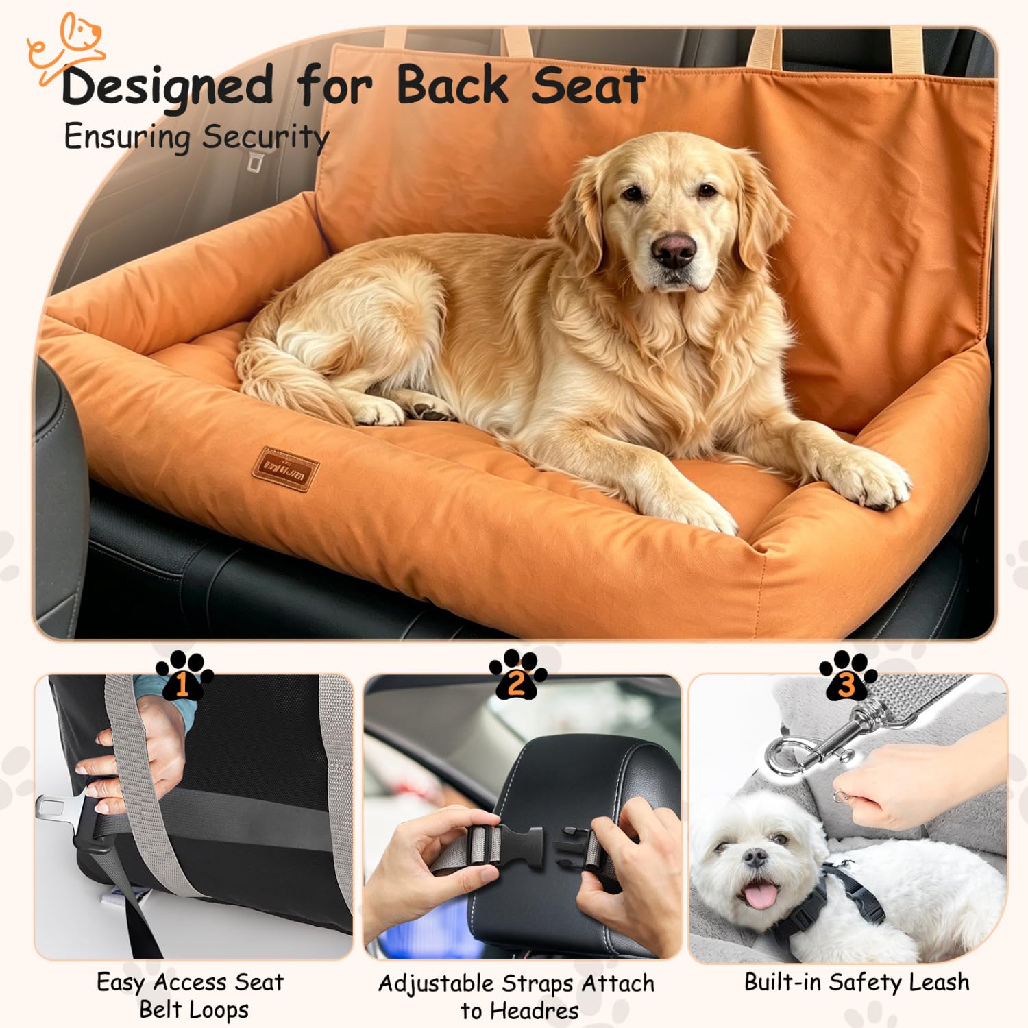 Nobleza Asiento de Coche para Perros Medianos a Grandes, Cinturón de Seguridad Estable, Impermeable, Antideslizante, Adecuado para Perros Medianos y Grandes, L92*W52*H47cm, Color Naranja